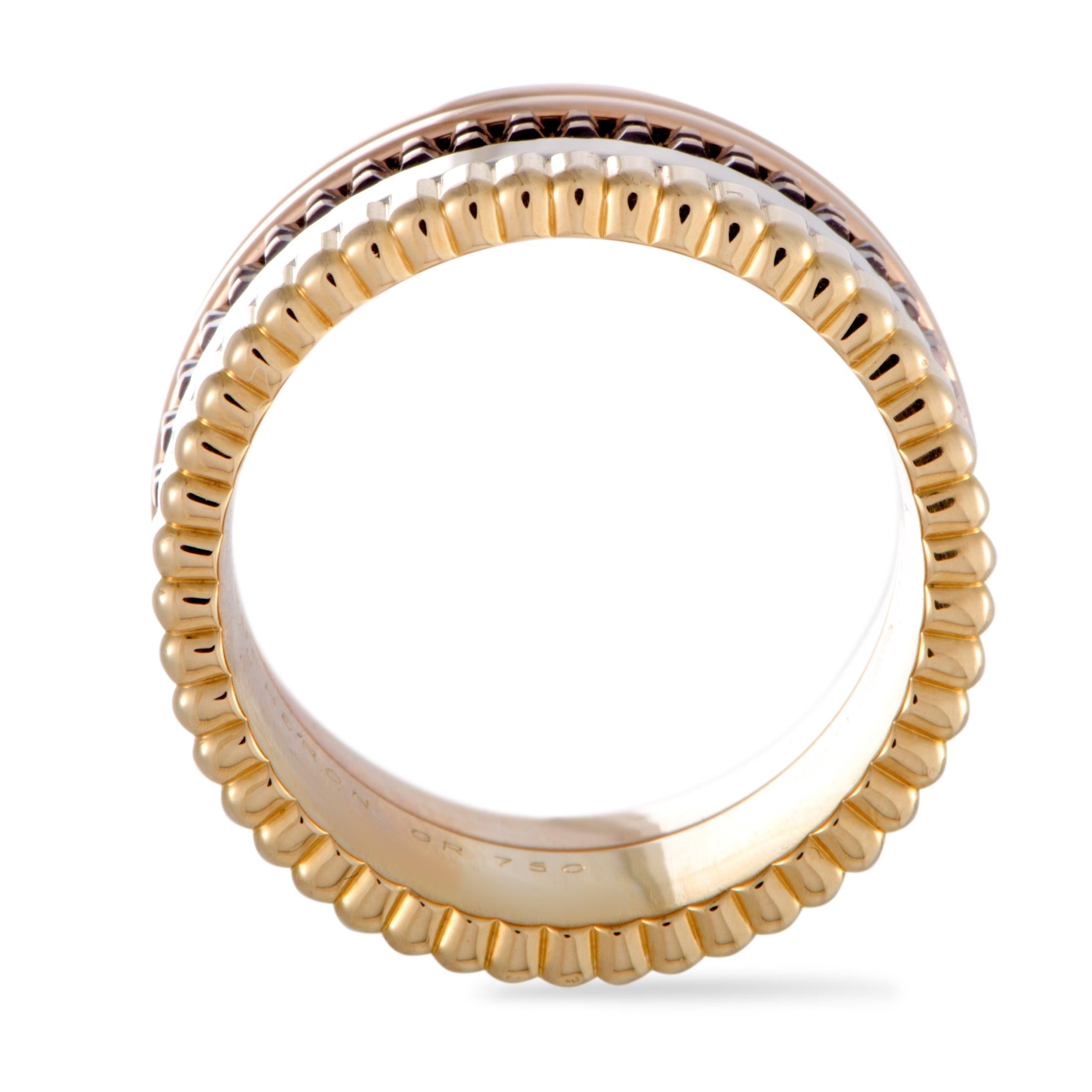 A fascinating piece presented by Boucheron within the “Quatre” collection, this extraordinary ring boasts several bands, each compelling with its own attractive design and appearance. The bands are crafted from 18K yellow, 18K white and 18K rose