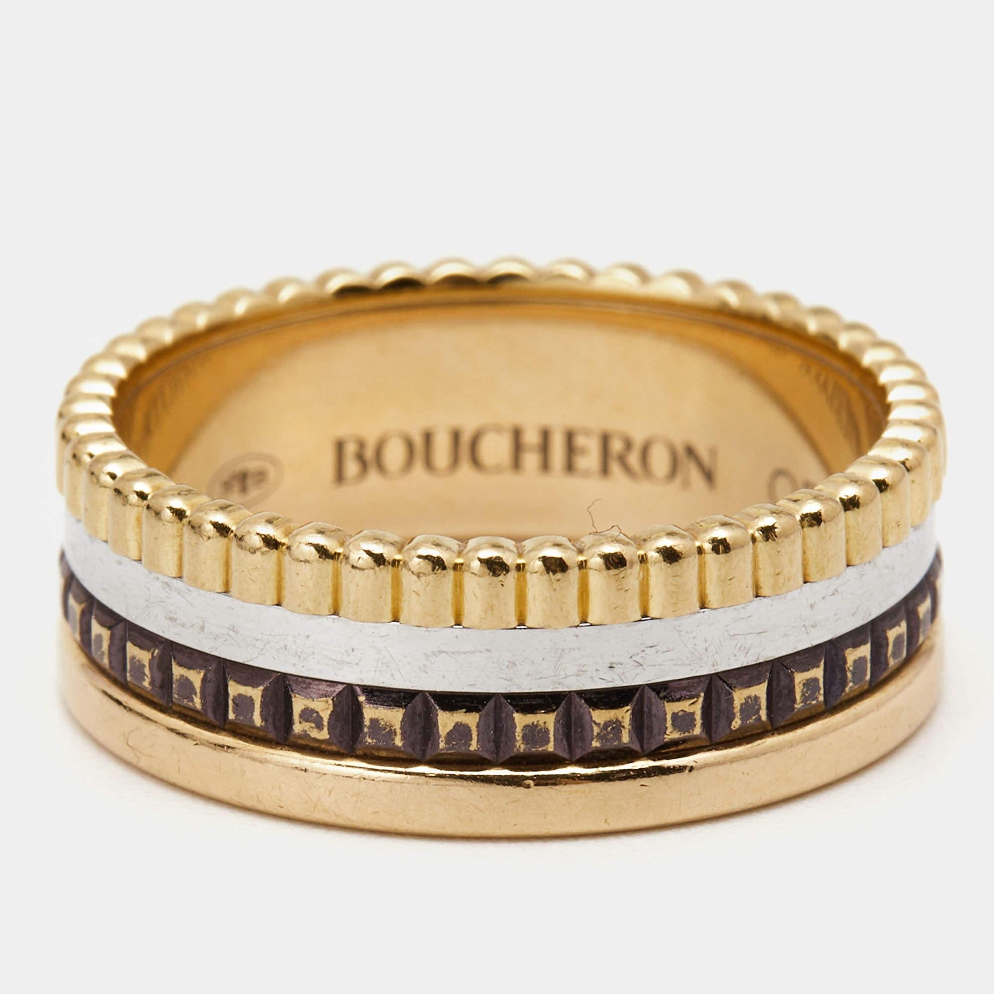Boucheron Quatre Classique Brown PVD 18k Three Tone Gold Small Band Ring Size 52 In Good Condition In Dubai, Al Qouz 2