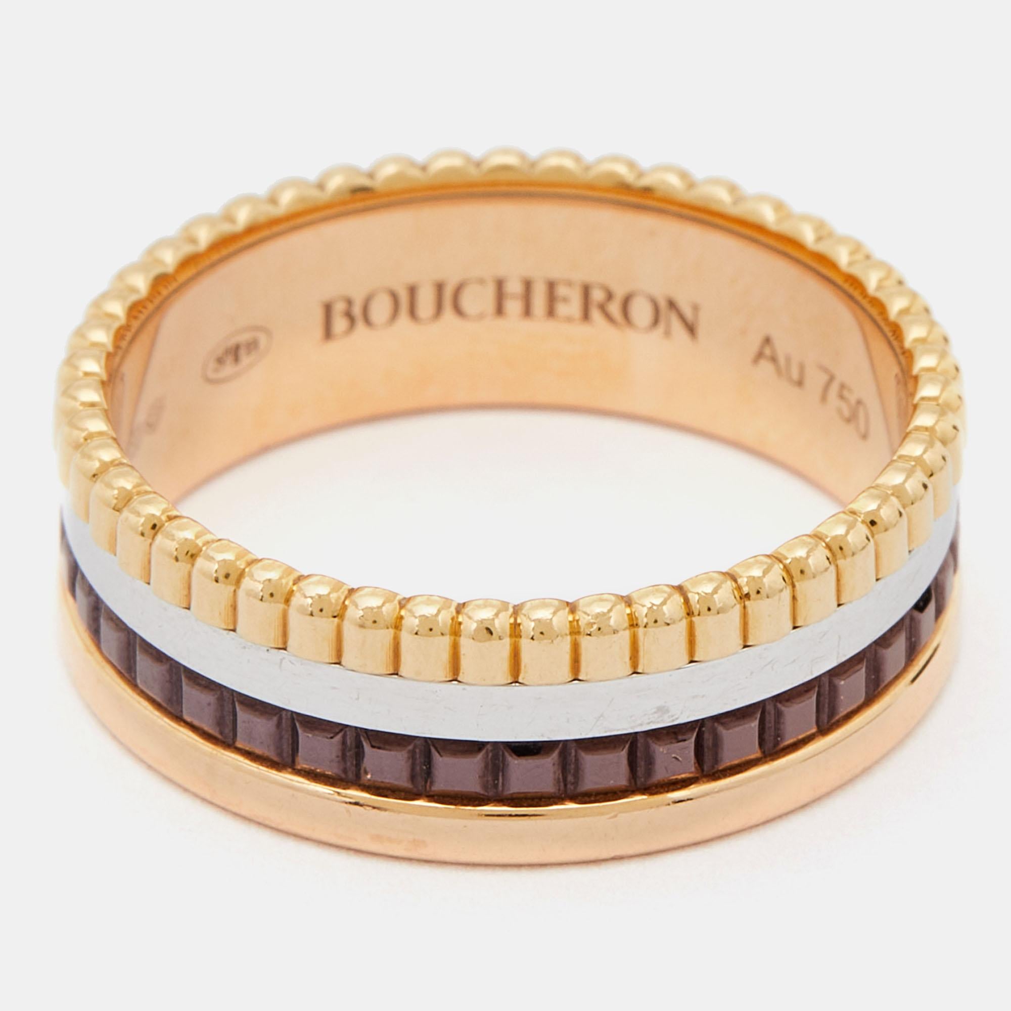 Boucheron's Quatre collection beautifully presents the spirit of the brand, exemplifying craftsmanship and an intricate play of textures and gold. The Quatre Classique collection gifts you this ring arranged preciously in 18k white, yellow, rose