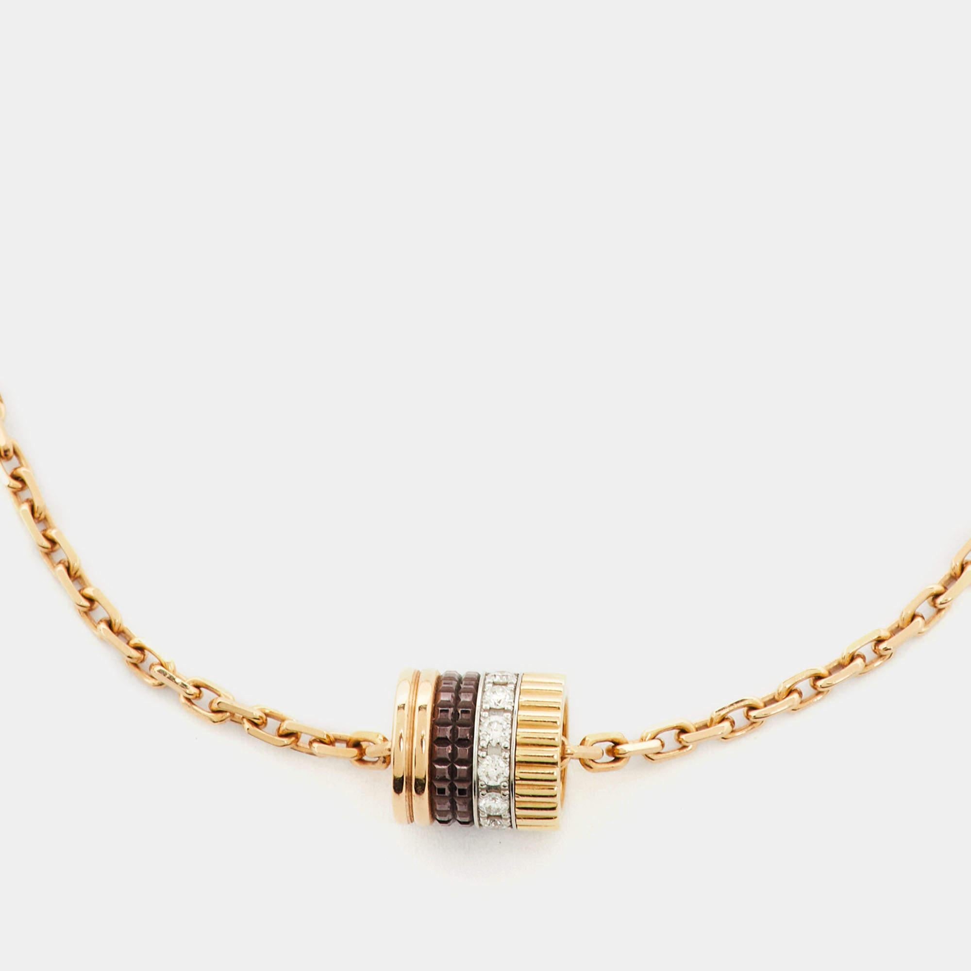 The Boucheron bracelet is a stunning blend of elegance and sophistication. Crafted with precision, it features a brown PVD-coated 18k gold bracelet adorned with diamonds, showcasing a harmonious tri-color design that exudes luxury and modern style.

