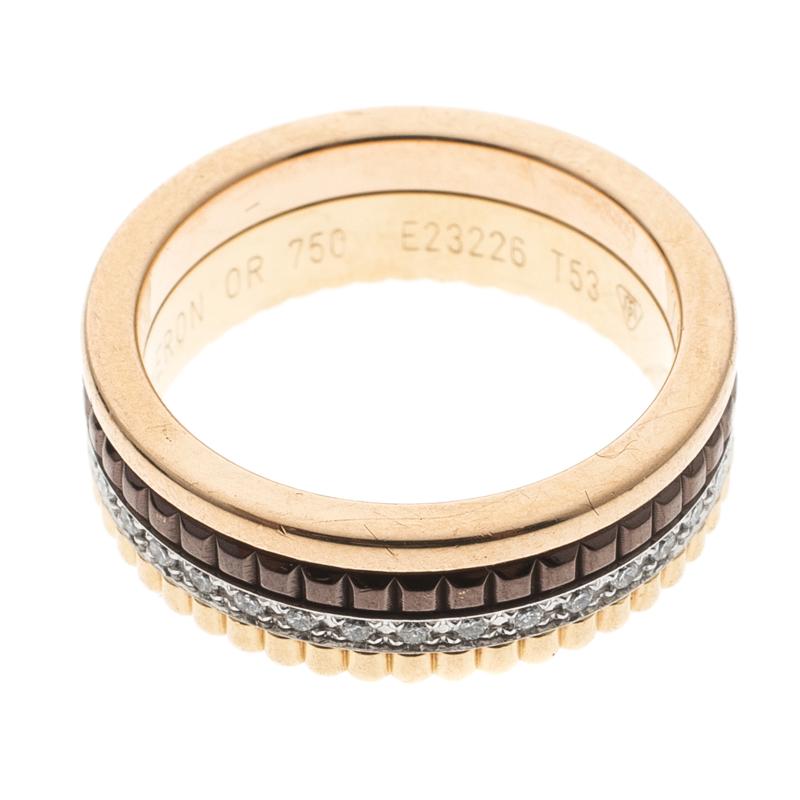 Boucheron Quatre Classique Diamonds 18k Three Tone Gold Band Ring Size 53 In Good Condition In Dubai, Al Qouz 2