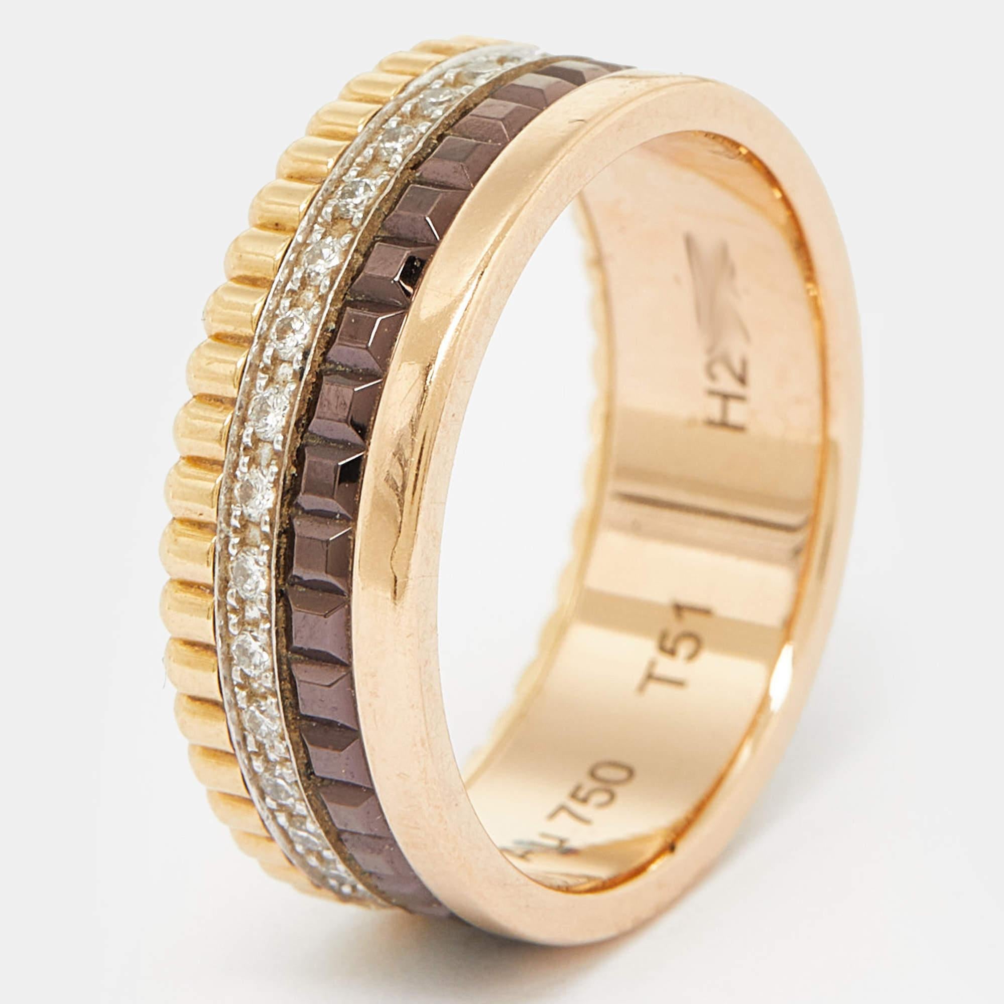 Boucheron Quatre Classique Diamonds 18k Three Tone Gold Small Band Ring  In Good Condition In Dubai, Al Qouz 2