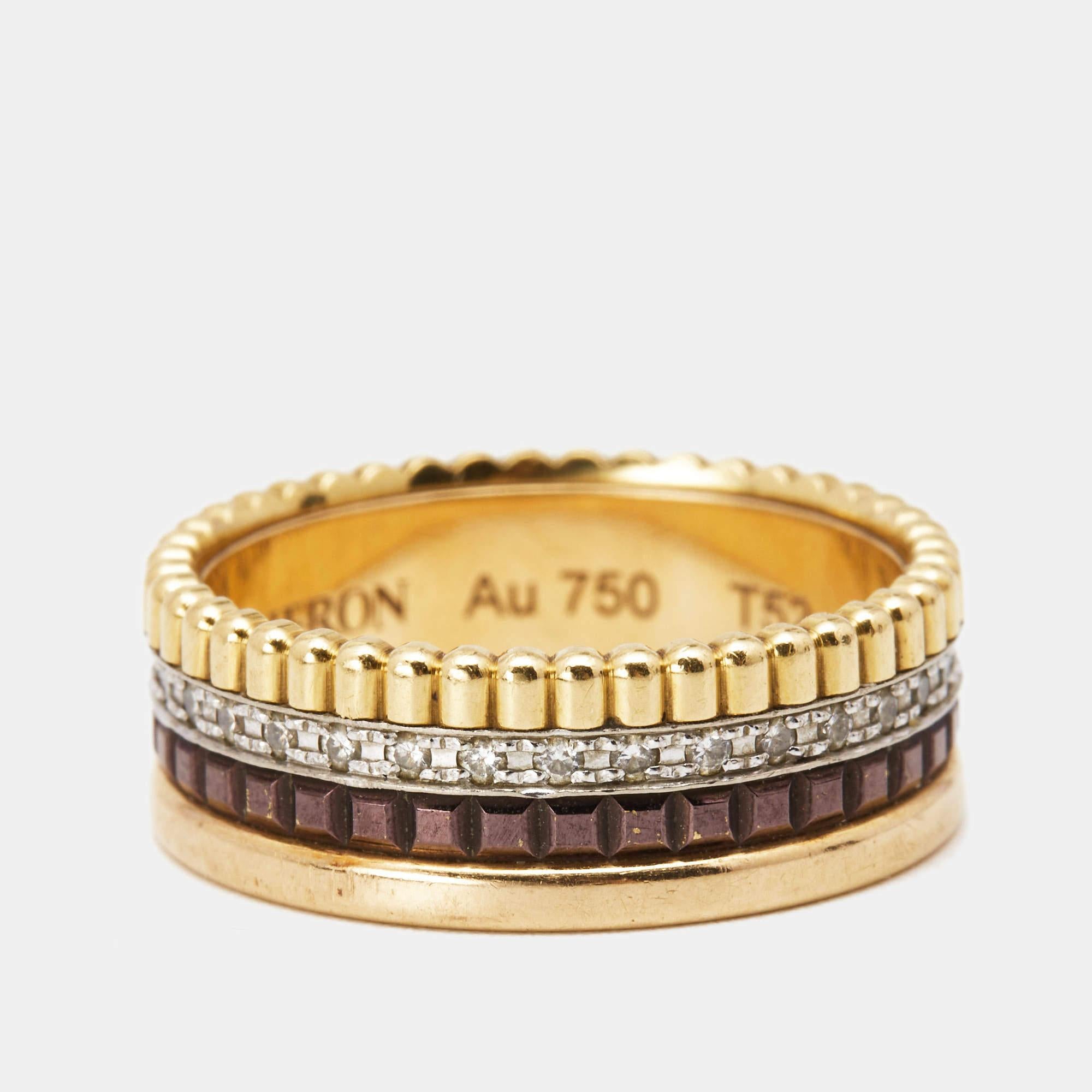 The Boucheron ring is an exquisite piece of jewelry that showcases elegance and sophistication. Crafted from 18k three-tone gold, its intricate design features iconic Quatre collection motifs adorned with sparkling diamonds, creating a timeless and