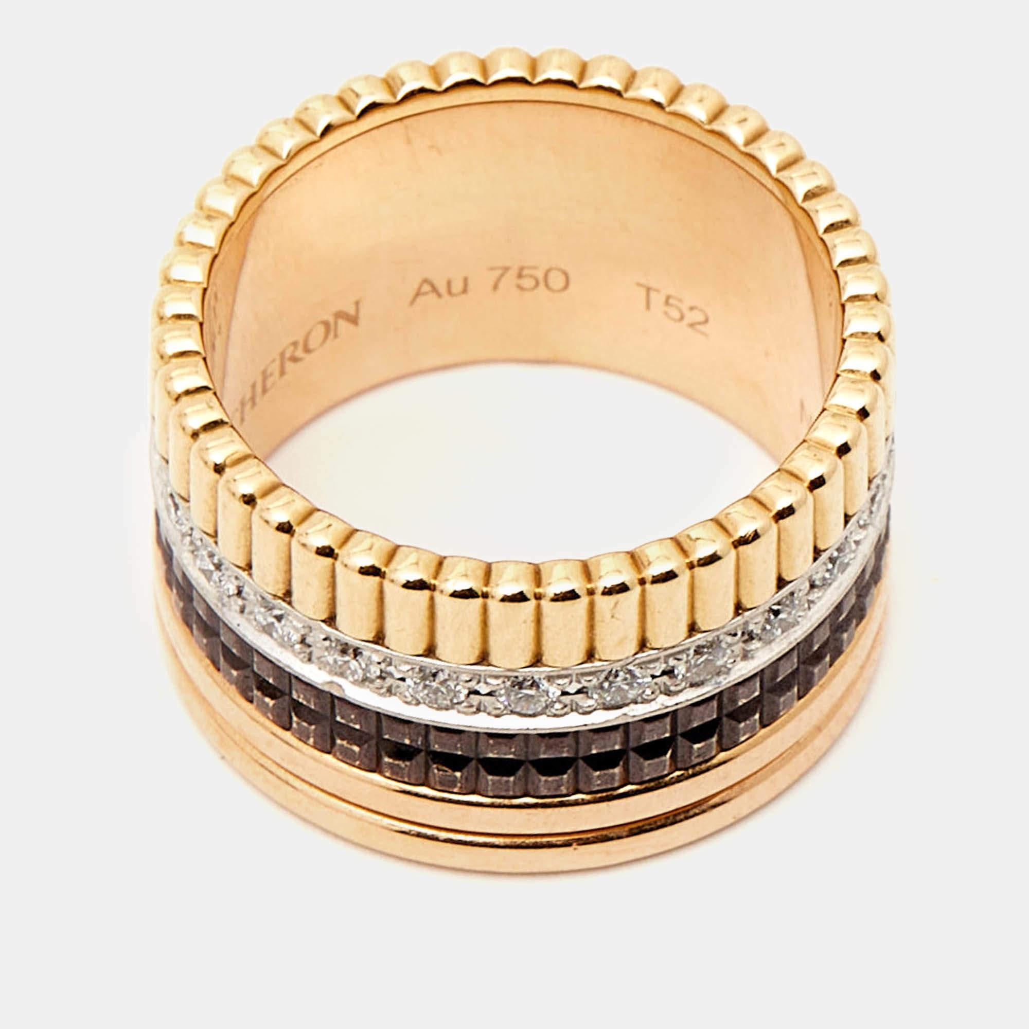 Boucheron Quatre Classique Diamonds PVD Bague en or 18 carats trois tons Taille 52 Bon état - En vente à Dubai, Al Qouz 2