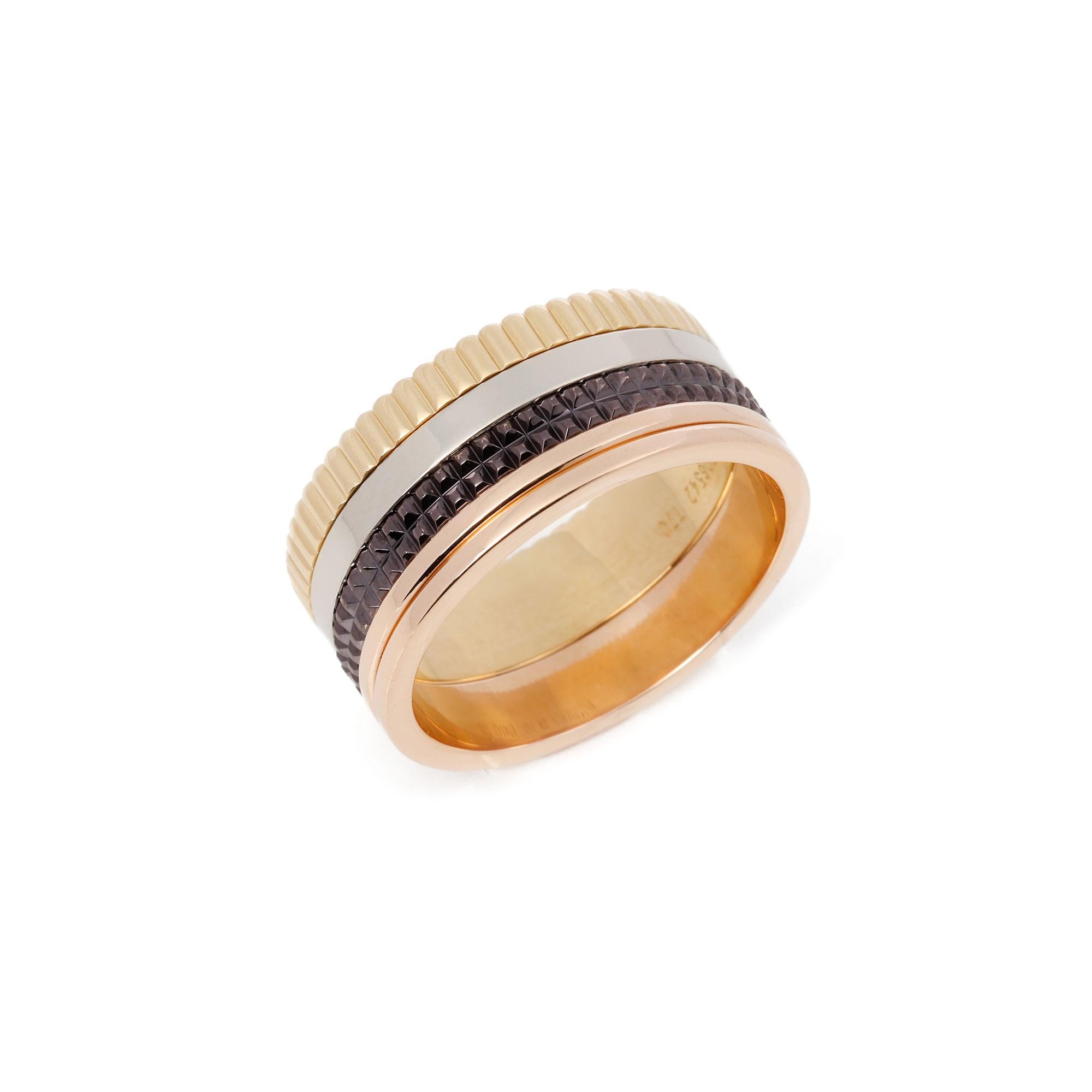 This ring by Boucheron is from their Quatre collection and features four bands in 18ct yellow, white, pink gold and brown PVD. This is a EU ring size 70. Accompanied with it's Boucheron box and paperwork. Our Xupes reference is J584 should you need