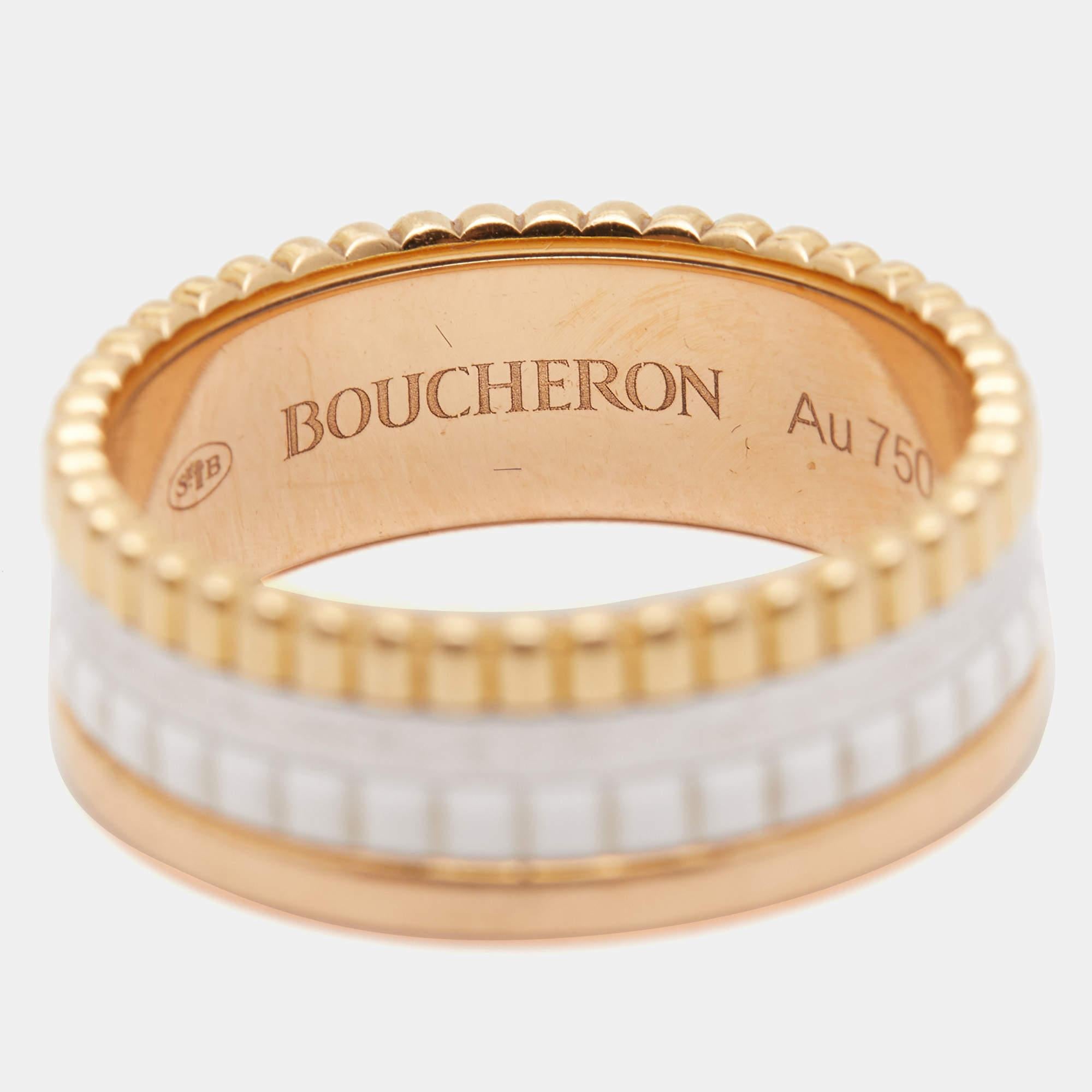 Boucheron's Quatre collection beautifully presents the spirit of the brand, exemplifying craftsmanship and an intricate play of textures and gold. The Quatre Classique collection gifts you this ring arranged preciously in 18k three-tone gold and