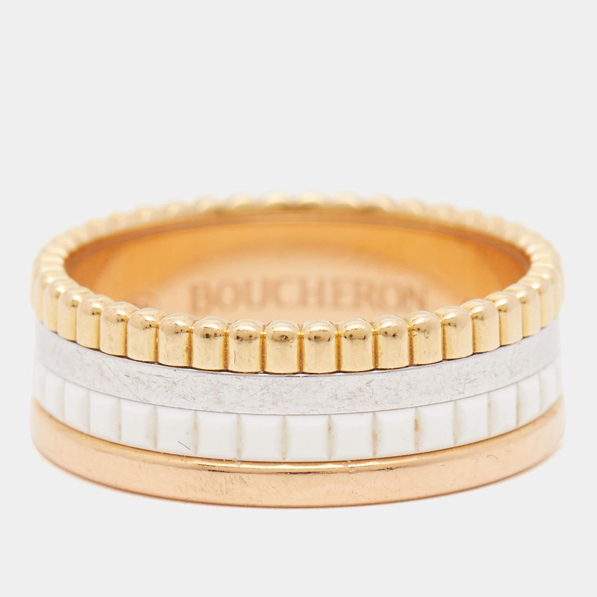 Women's Boucheron Quatre Classique White Edition Ceramic 18k Three Tone Gold Ring Size 5
