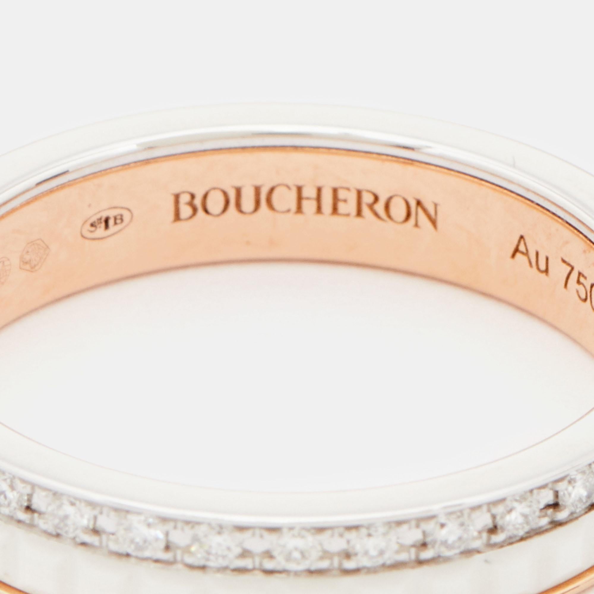 Uncut Boucheron Quatre Diamonds White Ceramic 18k Two Tone Gold Ring Size 52