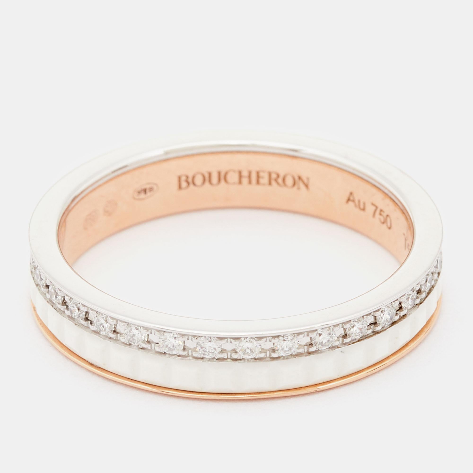Boucheron Quatre Diamonds White Ceramic 18k Two Tone Gold Ring Size 52 In Good Condition In Dubai, Al Qouz 2