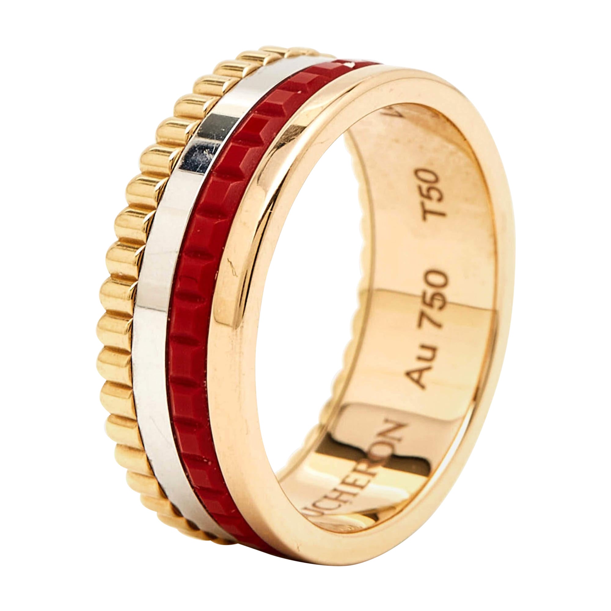 Boucheron Quatre Red Edition Ceramic 18k Three Tone Gold Ring Size 50
