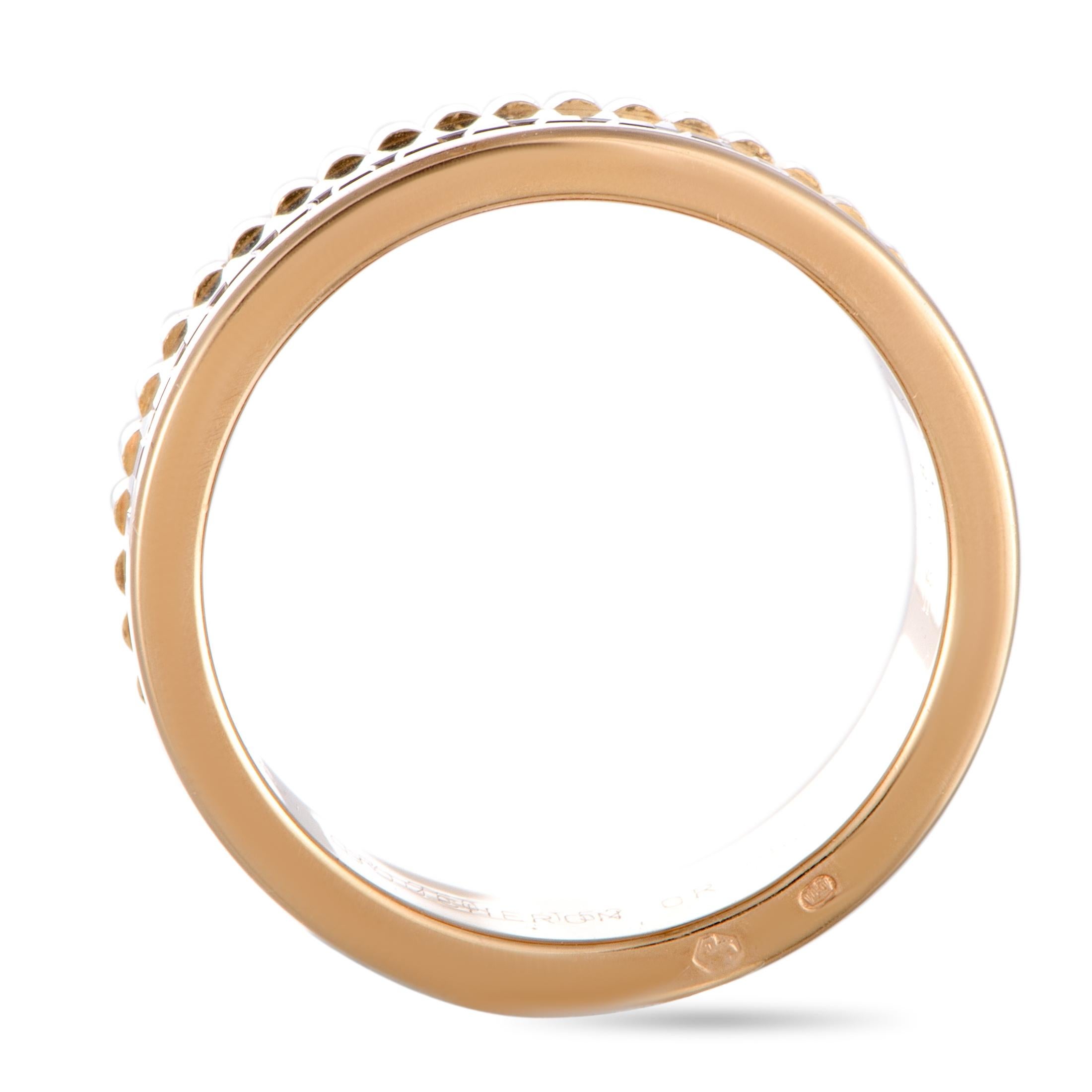 The Boucheron “Quatre” ring is made out of 18K yellow, white and rose gold and brown rhodium. The ring boasts band thickness of 6 mm and weighs 8.8 grams.

This jewelry piece is offered in estate condition and includes the manufacturer’s box.