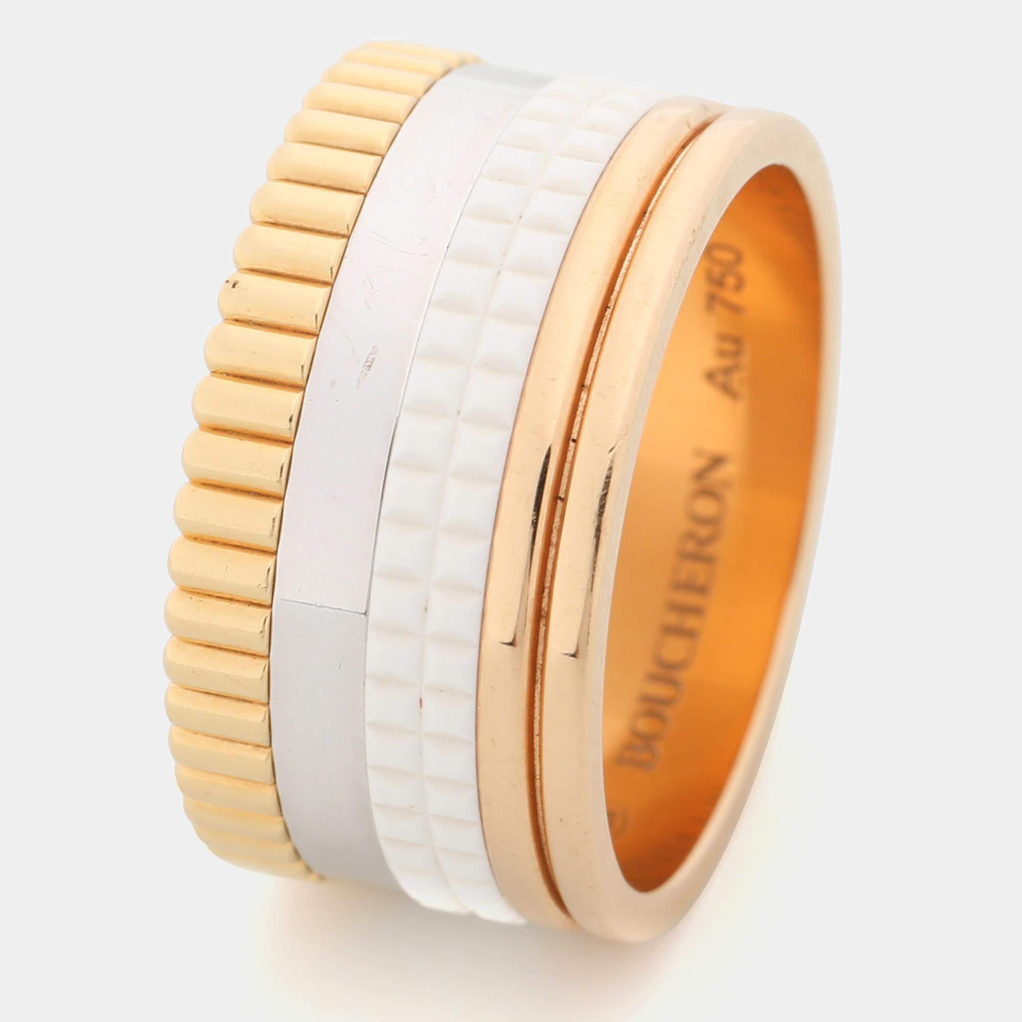 Boucheron Quatre Édition White Edition Ceramic 18K Bague à large anneau en or trois tons 58 en vente 1