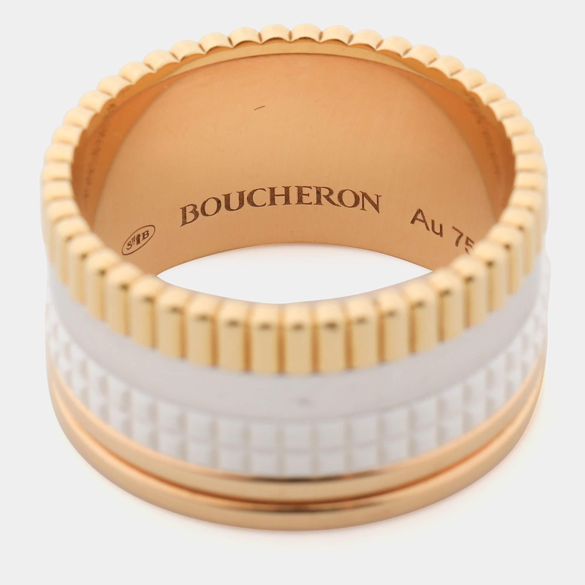Boucheron Quatre Édition White Edition Ceramic 18K Bague à large anneau en or trois tons 58 en vente 2