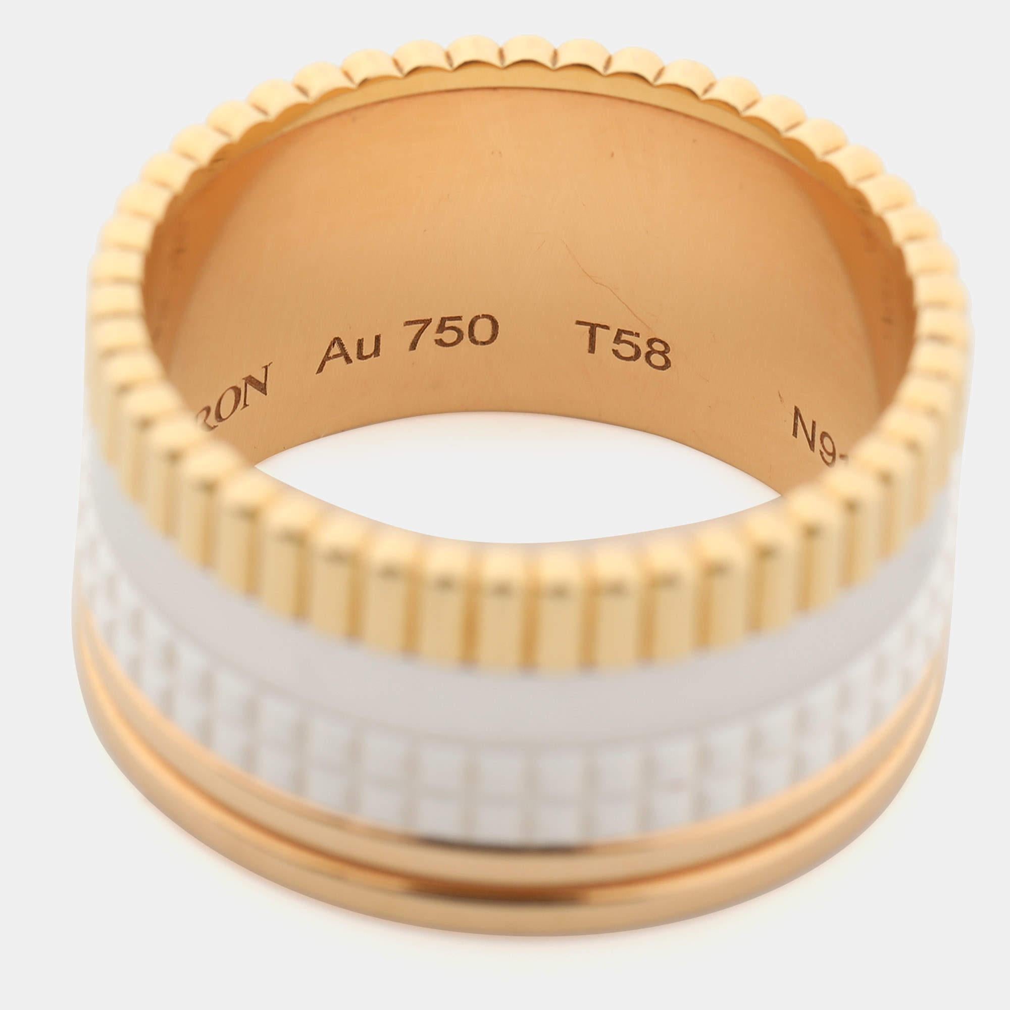 Boucheron Quatre Édition White Edition Ceramic 18K Bague à large anneau en or trois tons 58 en vente 3