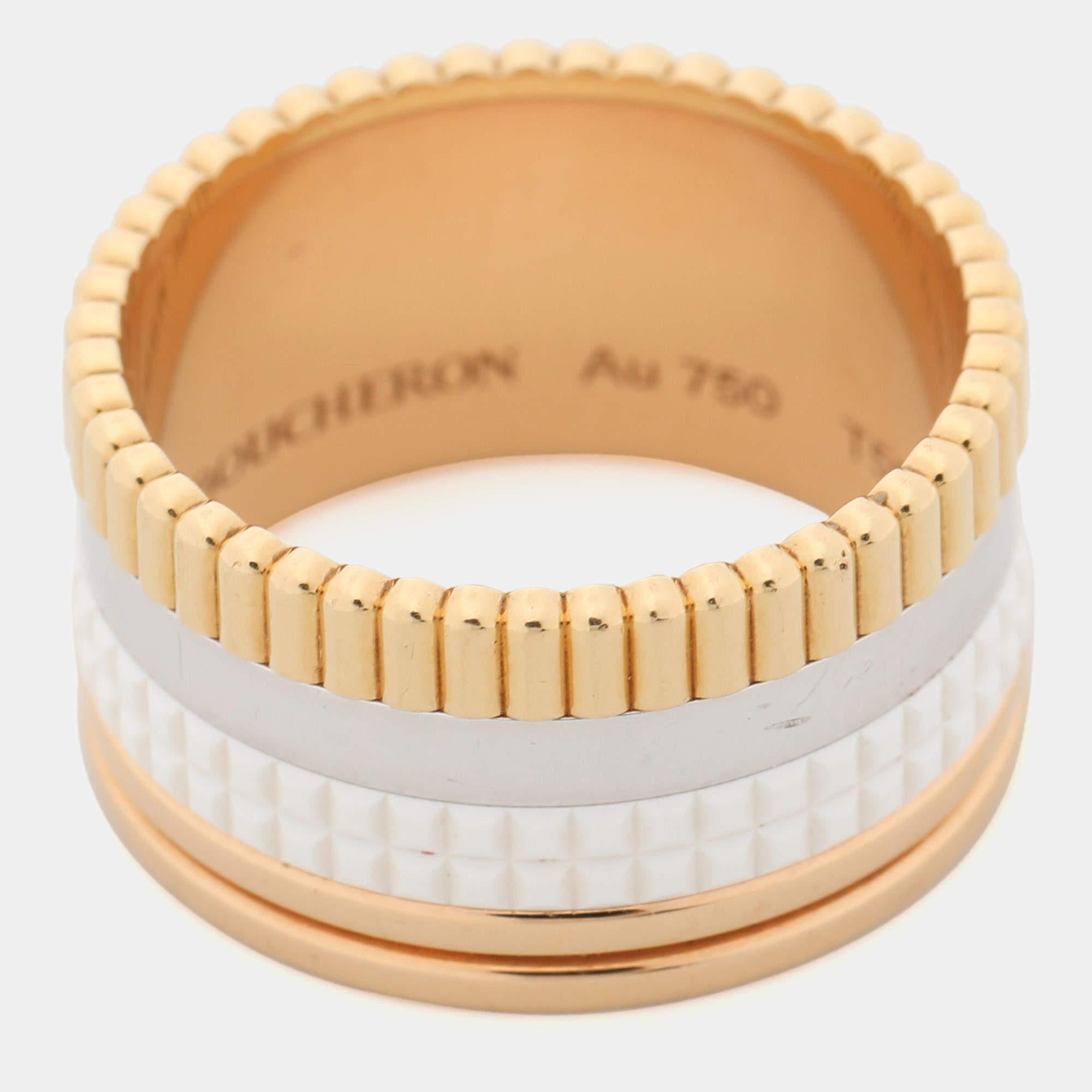 Boucheron Quatre Édition White Edition Ceramic 18K Bague à large anneau en or trois tons 58 en vente 4