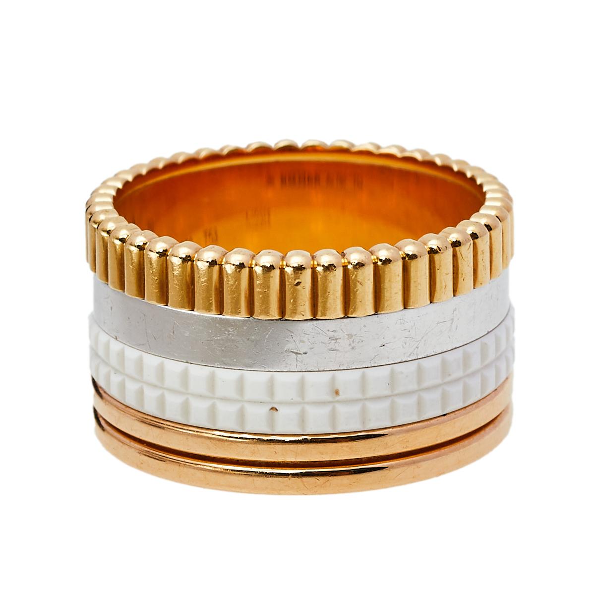 Boucheron's Quatre collection beautifully presents the spirit of the brand, exemplifying craftsmanship, and an intricate play of textures and gold. The very collection blesses you with this ring, arranged preciously in 18K three-tone gold and white