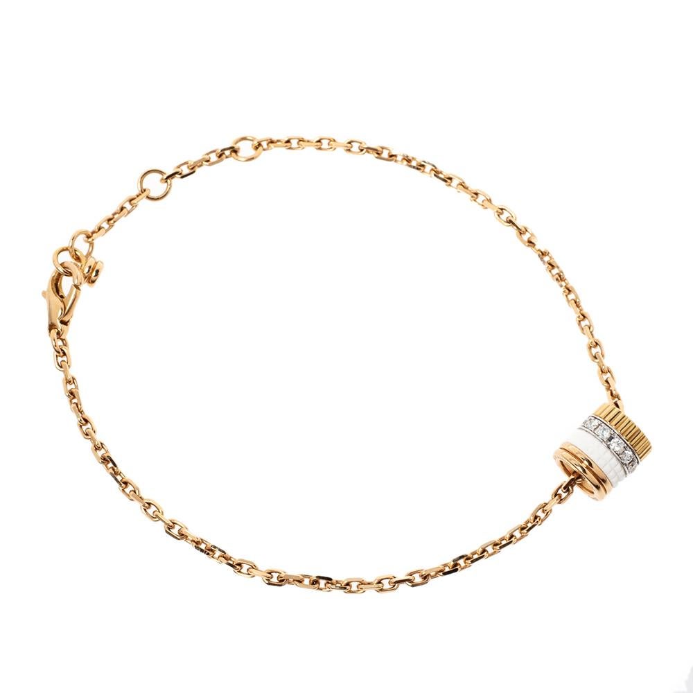 Own the spotlight at every event by adorning this stunning Boucheron Quatre bracelet. Featuring the iconic Maison Boucheron motifs set with pave diamonds in yellow, white, rose gold and ceramic on a delicate 18k gold chain, this piece is an epitome