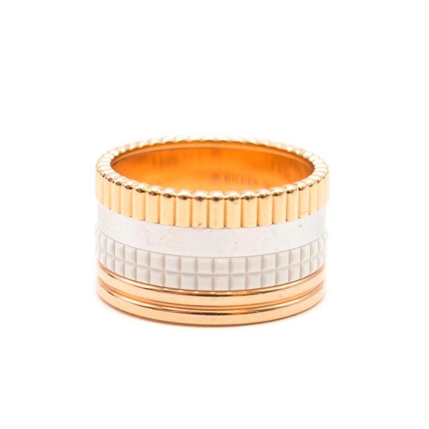 Boucheron Quatre White Edition Large Ring

Ring in yellow gold, white gold, pink gold and ceramic

Size 54

The Quatre White Edition ring pays homage to the savoir-faire of the Maison Boucheron, the sculptor of precious materials

Please note, these