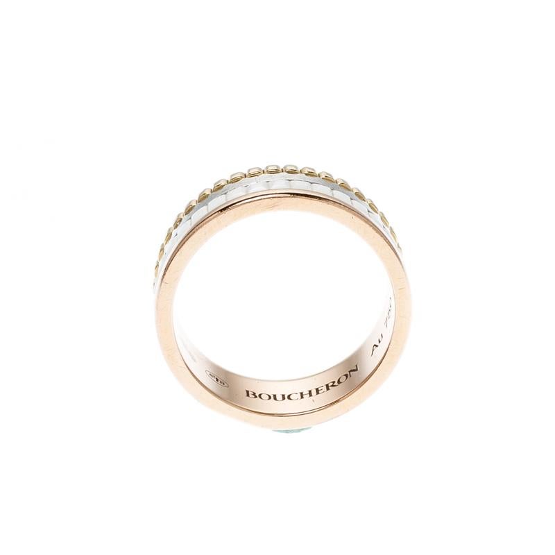 Boucheron's Quatre collection beautifully presents the spirit of the brand, exemplifying craftsmanship and an intricate play of textures and gold. The White Edition of the collection blesses you with this ring arranged preciously in 18k white,