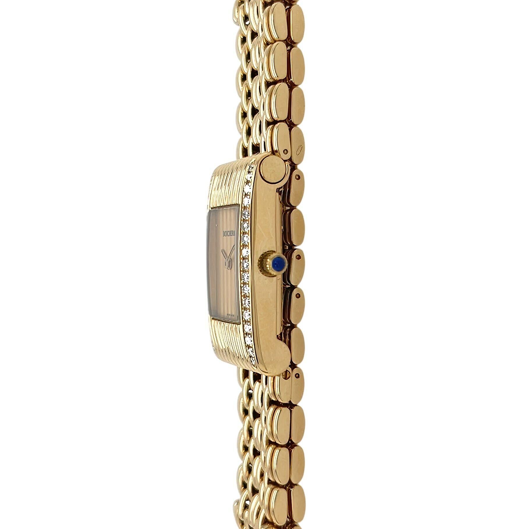 An 18 karat yellow gold and diamond watch, Boucheron.  The Reflet watch with quartz movement, rectangular fluted case with a row of approximately 17 round brilliant cut diamonds on each side completed by a single and double link brickwork bracelet. 