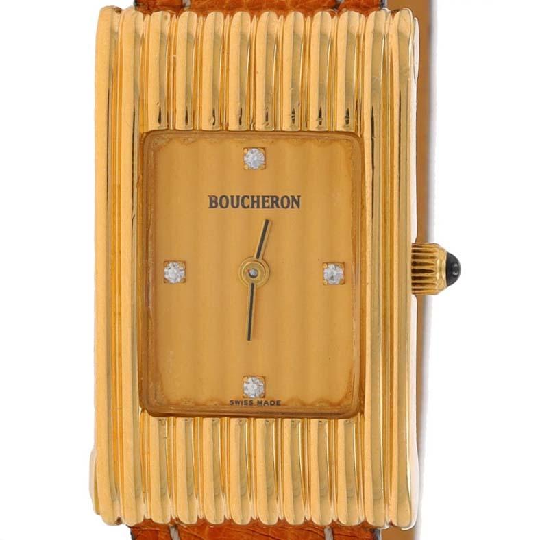 Brand: Boucheron
Model: Reflet Small
Model Number: AJ 408601
Movement: Quartz
Warranty: One Year
Year: 2001
Movement Maker: Swiss
Dial Color: Champagne

Metal Content: 18k Yellow Gold

Stone Information
Natural Diamonds
Stone Note: (dial