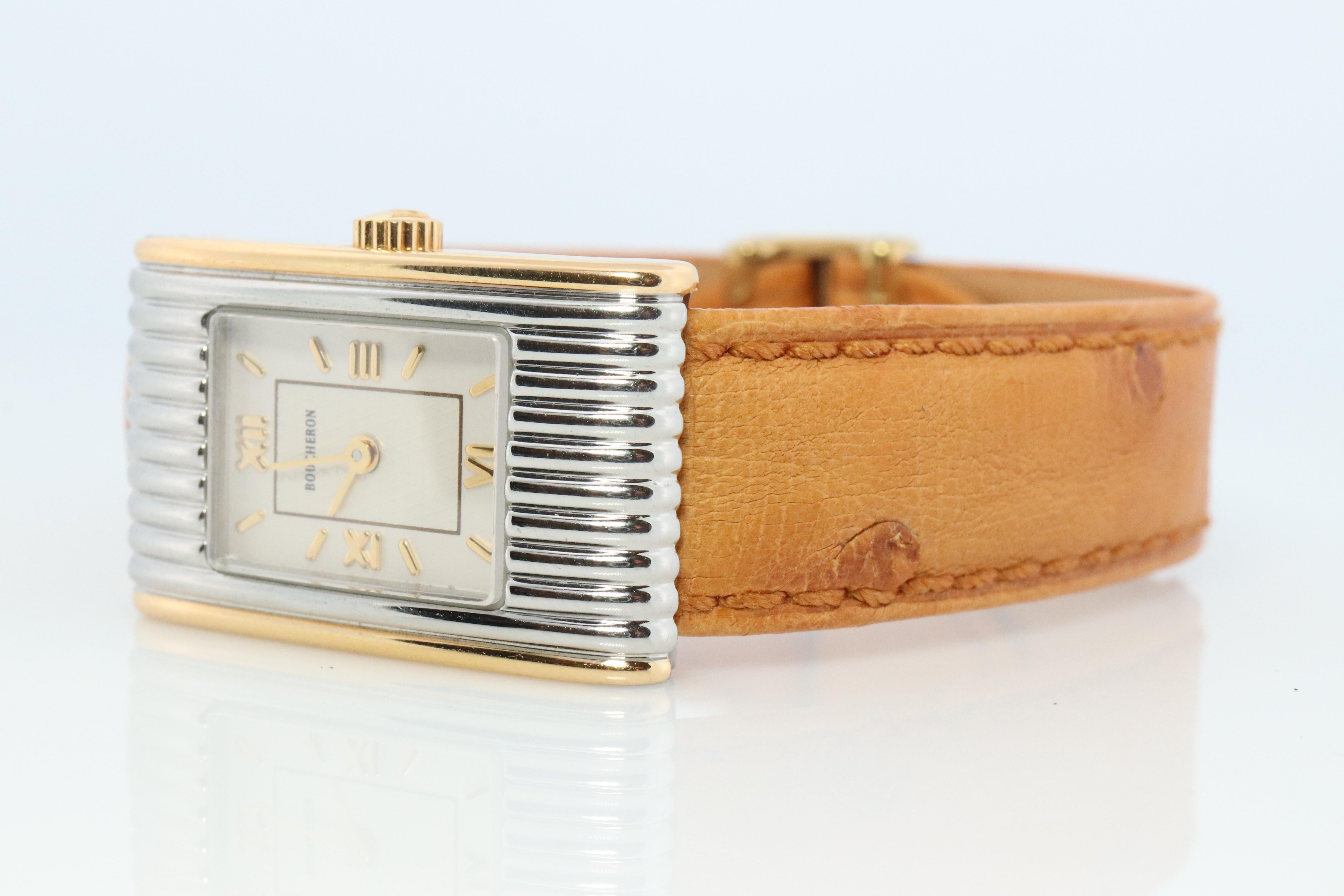 Extremely rare Boucheron Wristwatch made in Paris.

It is from the Reflet collection Smaller size.
ref 404799

Stainless Steel with 18k Gold Plate.

Condition:
Excellent working condition. New Battery replaced.
Comes with original Boucheron