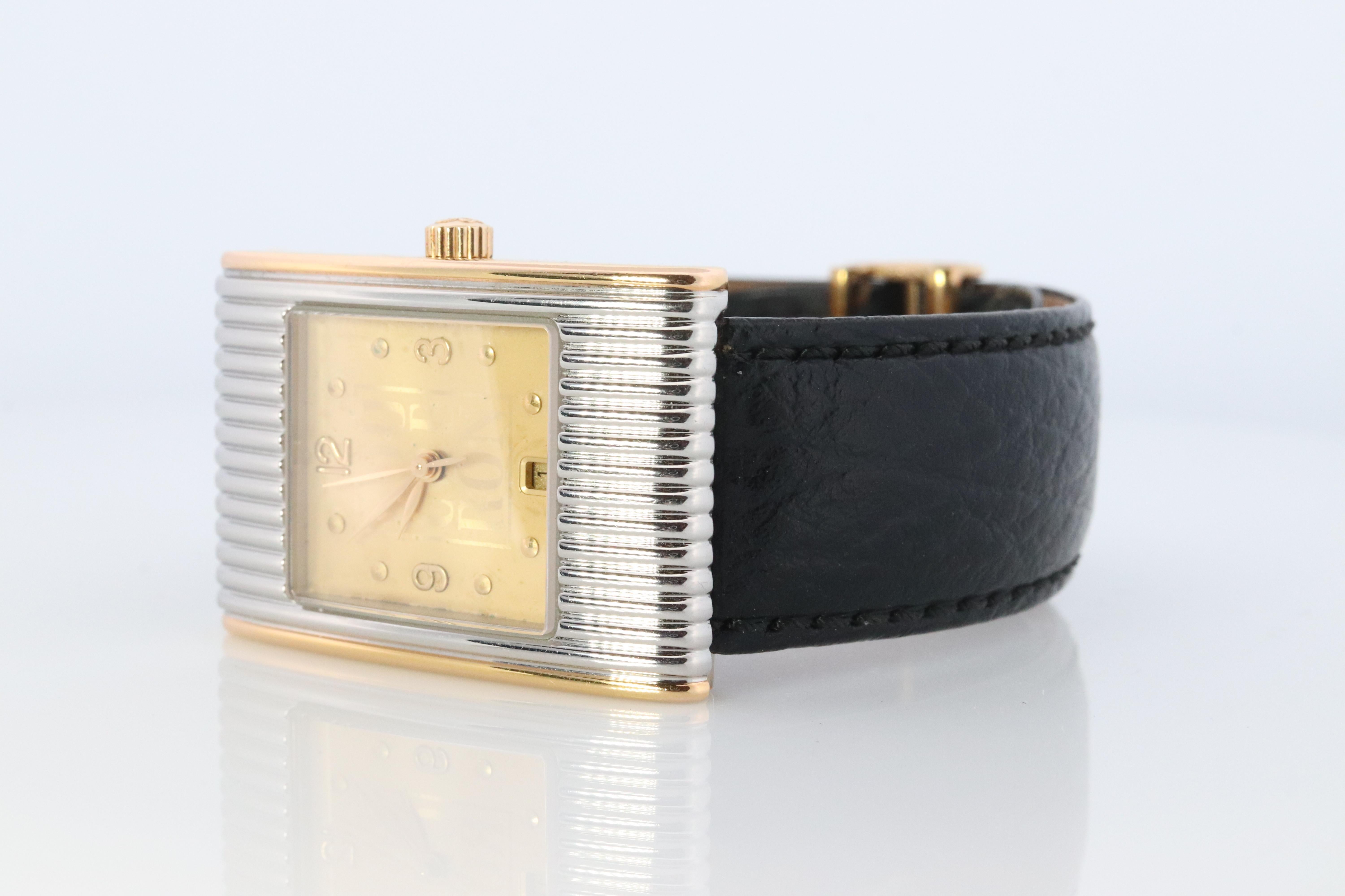 Extremely rare Boucheron Wristwatch made in Paris.

It is from the Reflet collection XL size.

Stainless Steel with 18k Gold Plate.

Condition:
Excellent working condition. New Battery replaced. 
Comes with original Boucheron Box.

Details:
24mm by