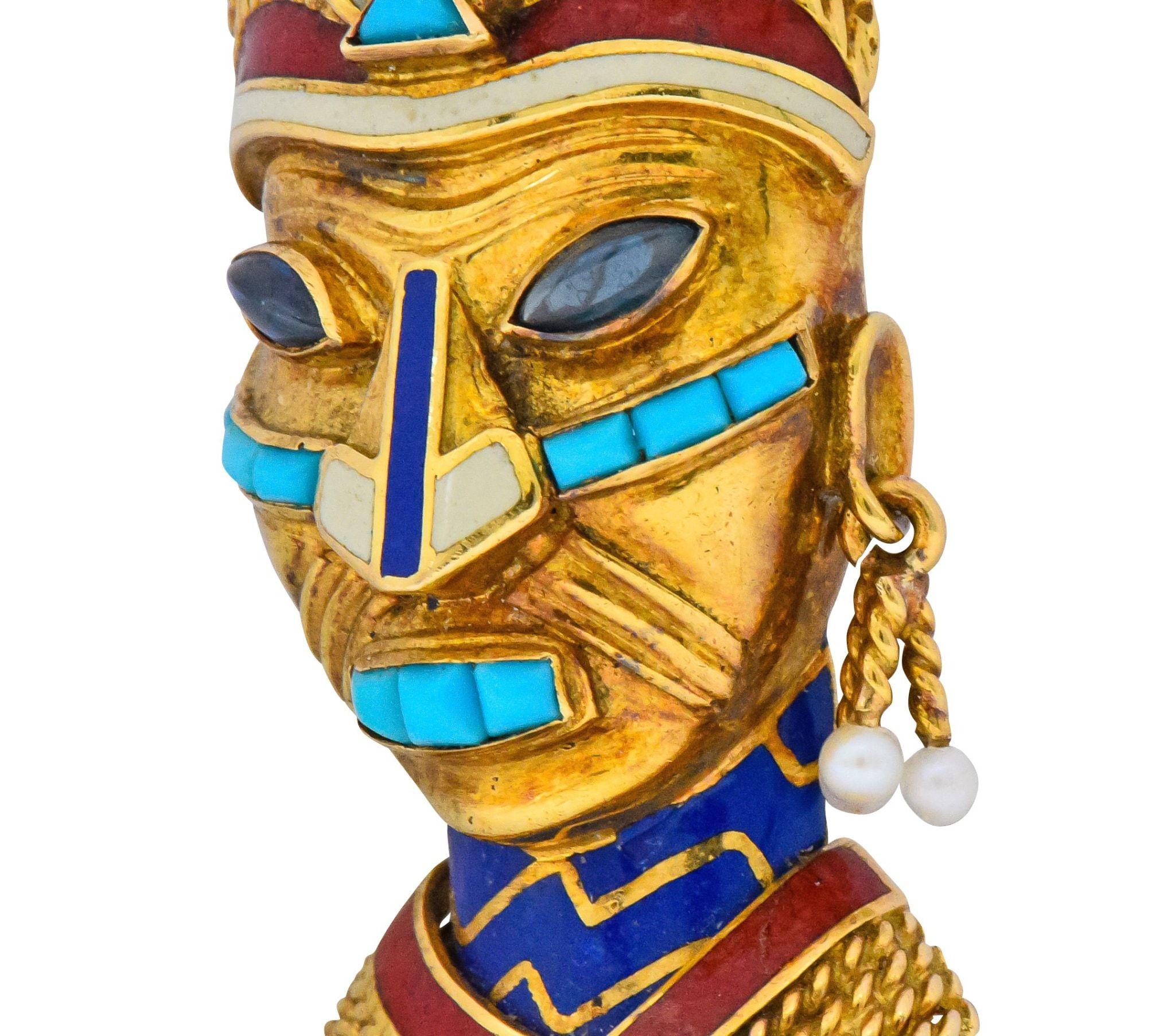 Boucheron Retro Enamel Turquoise Sapphire Seed Pearl 18 Karat Gold Mask Brooch In Excellent Condition In Philadelphia, PA