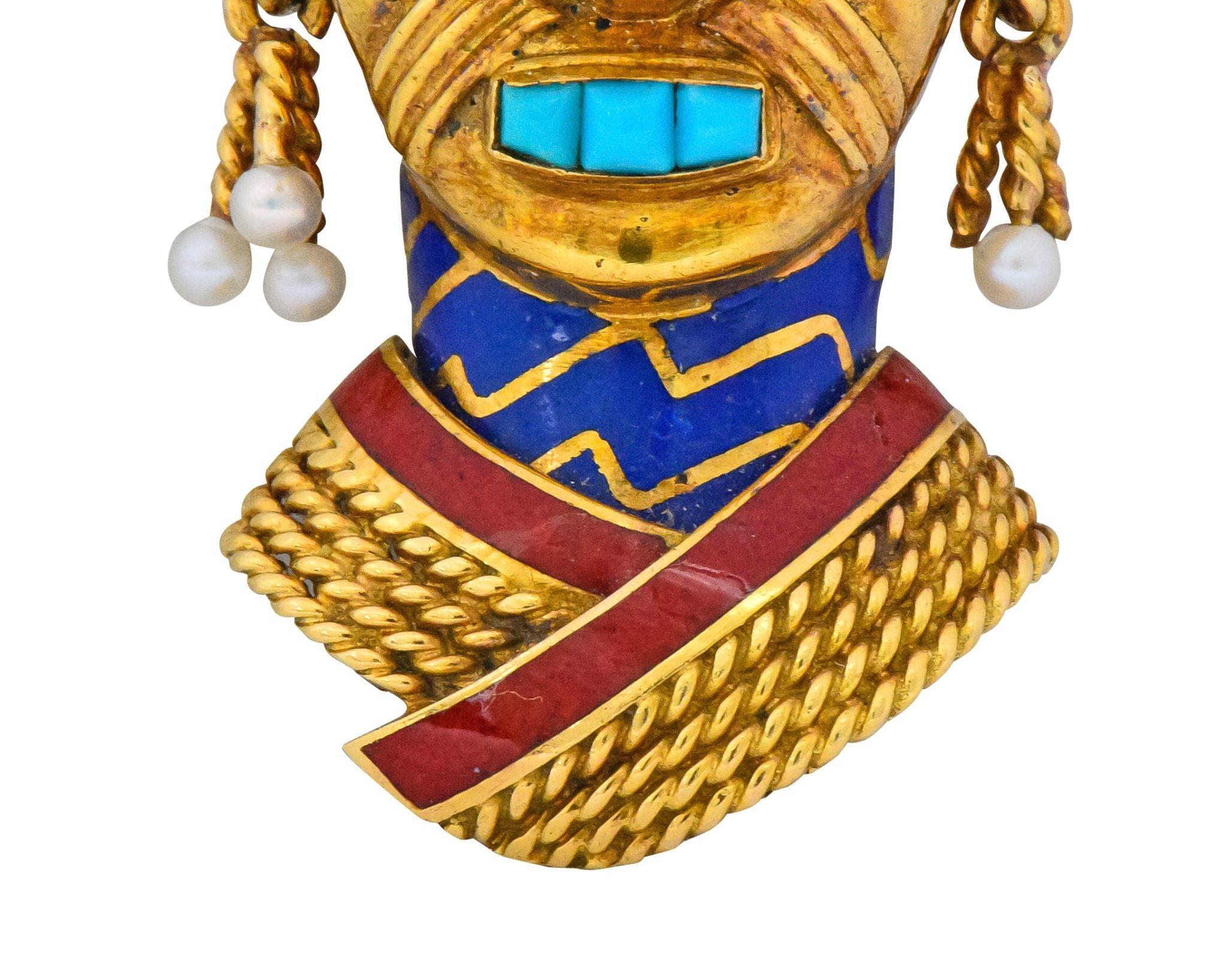 Boucheron Retro Enamel Turquoise Sapphire Seed Pearl 18 Karat Gold Mask Brooch 3