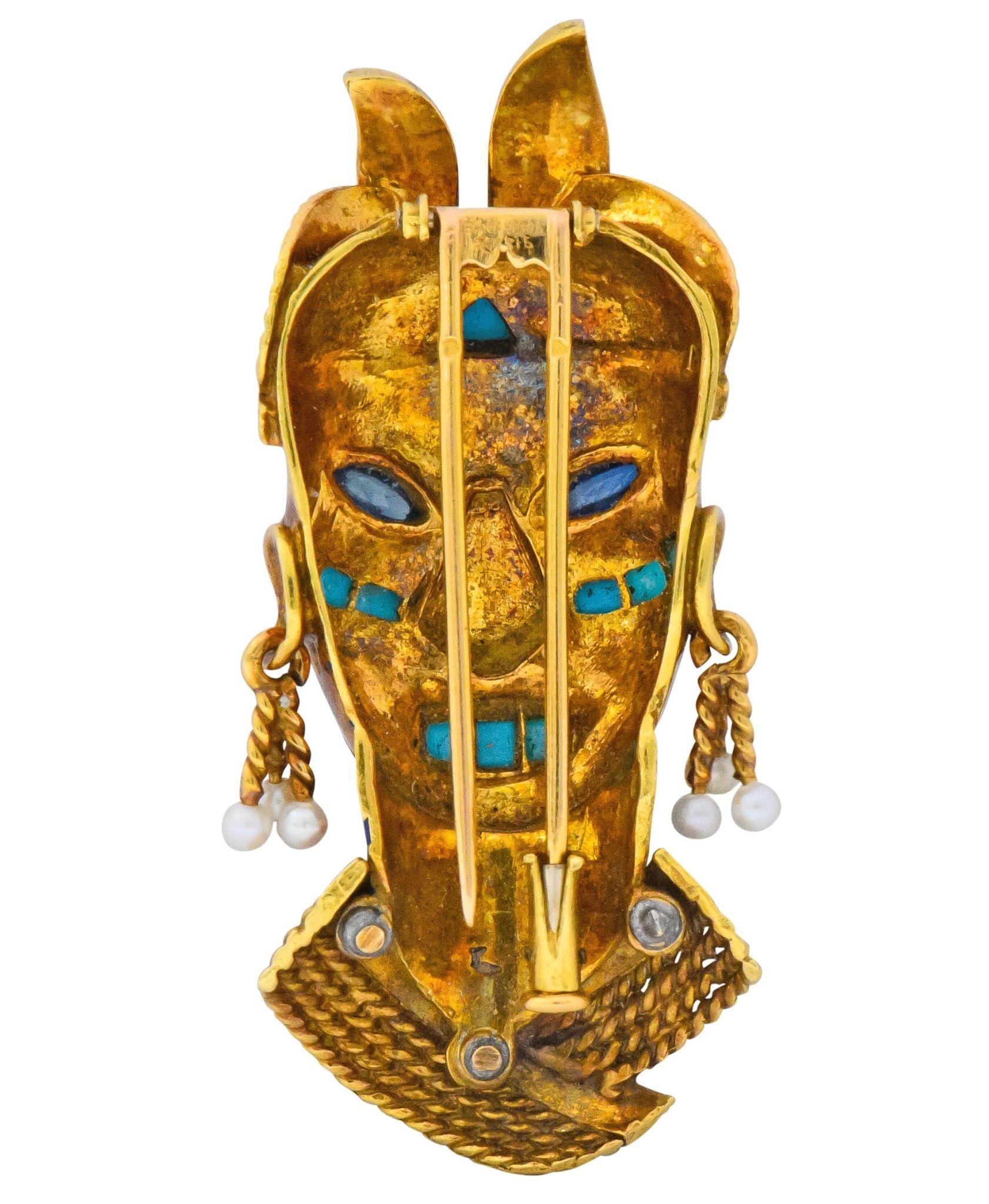 Boucheron Retro Enamel Turquoise Sapphire Seed Pearl 18 Karat Gold Mask Brooch 4
