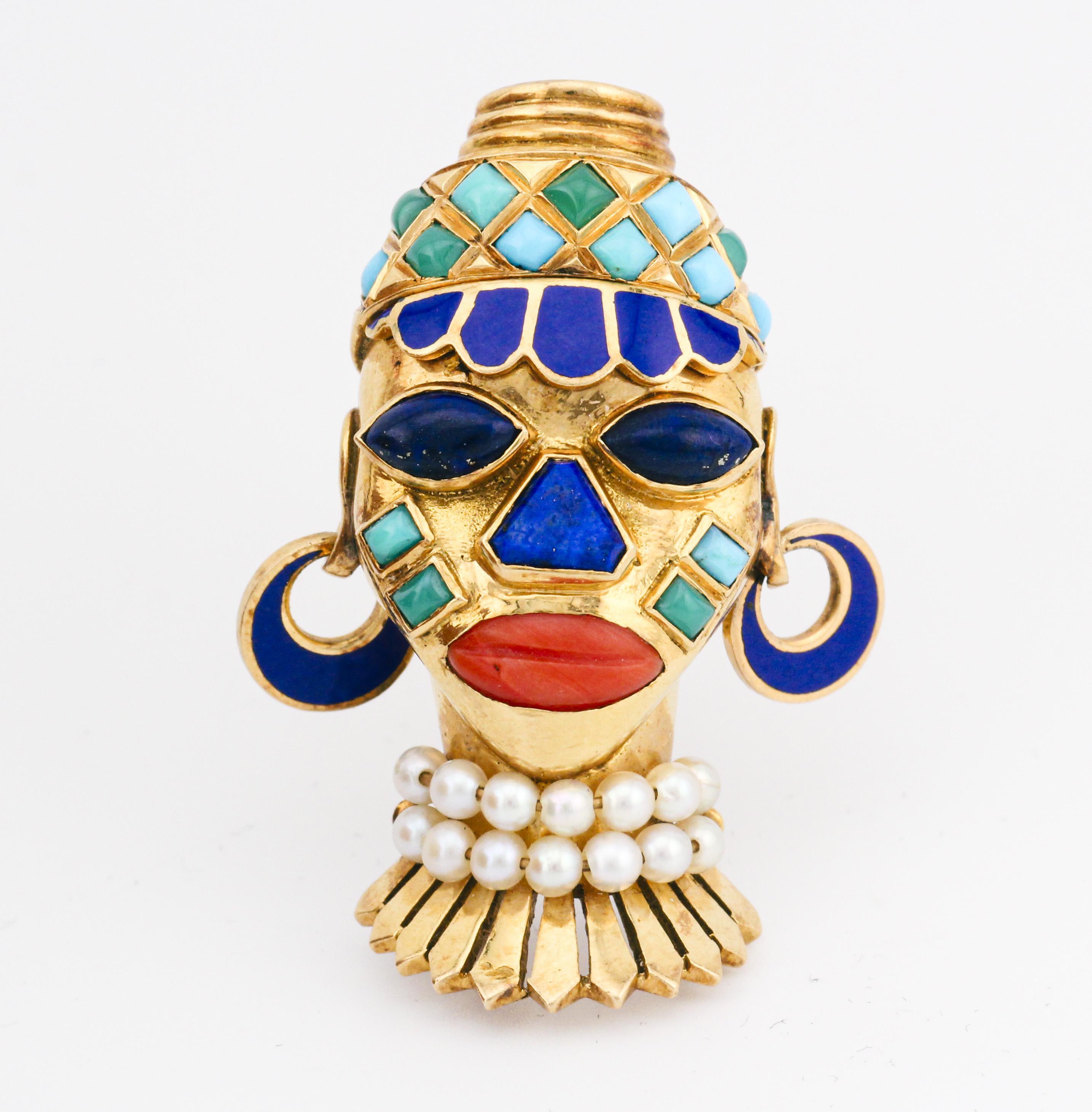Boucheron Retro Era African Mask Lapis Turquoise Pearl Enamel 18k Gold Brooch In Good Condition For Sale In Bellmore, NY