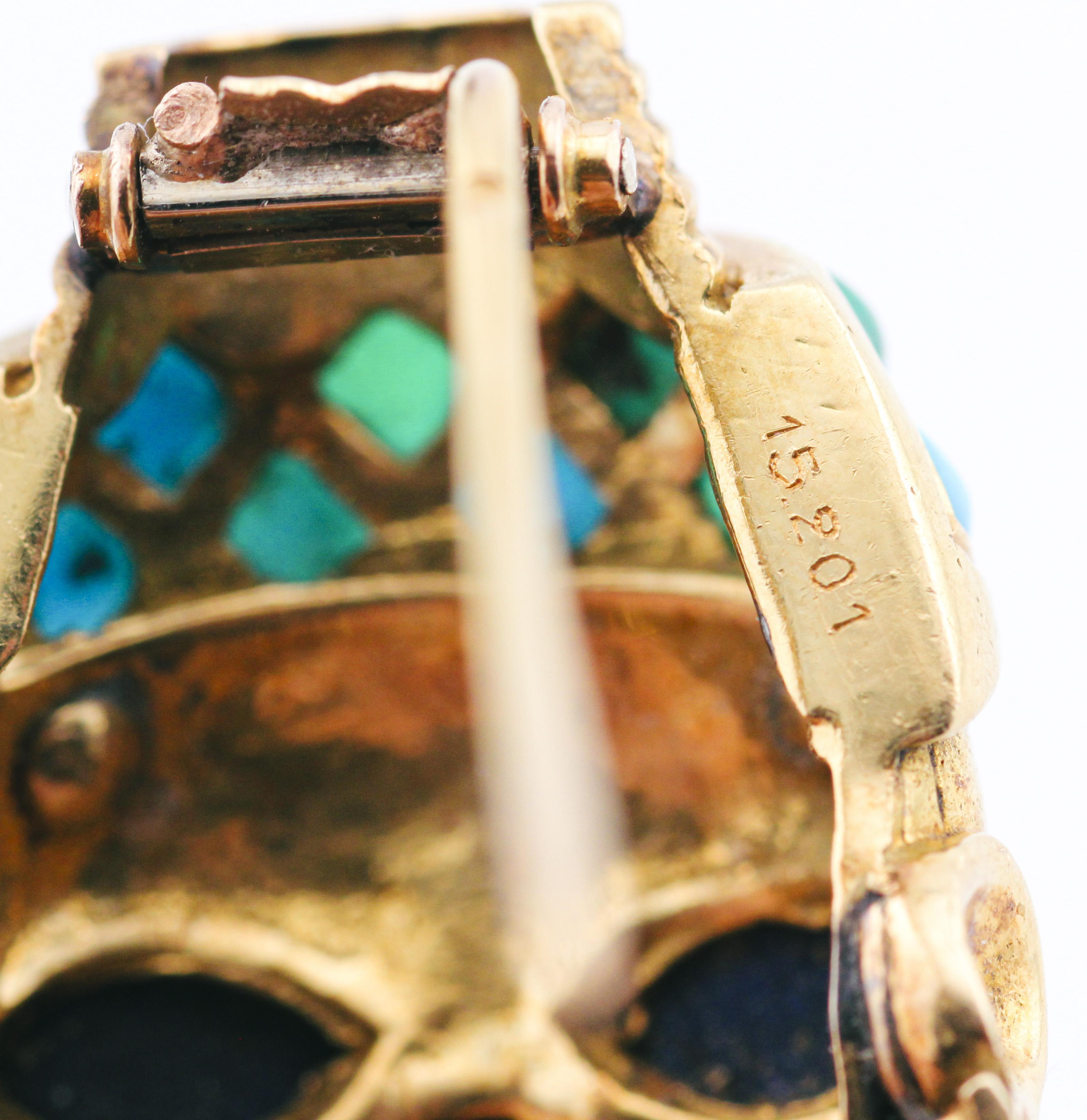 Boucheron Retro Era African Mask Lapis Turquoise Pearl Enamel 18k Gold Brooch For Sale 3