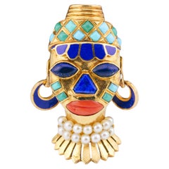 Boucheron Vintage Era African Mask Lapis Turquoise Pearl Enamel 18k Gold Brooch