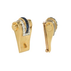 Boucheron Retro Gold, Sapphire, and Diamond Scroll Design Clip Brooches