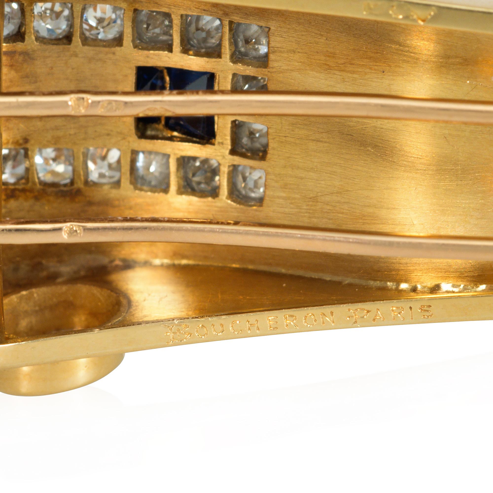 Boucheron Retro Gold, Sapphire, and Diamond Scroll Design Clip Brooches In Good Condition For Sale In New York, NY