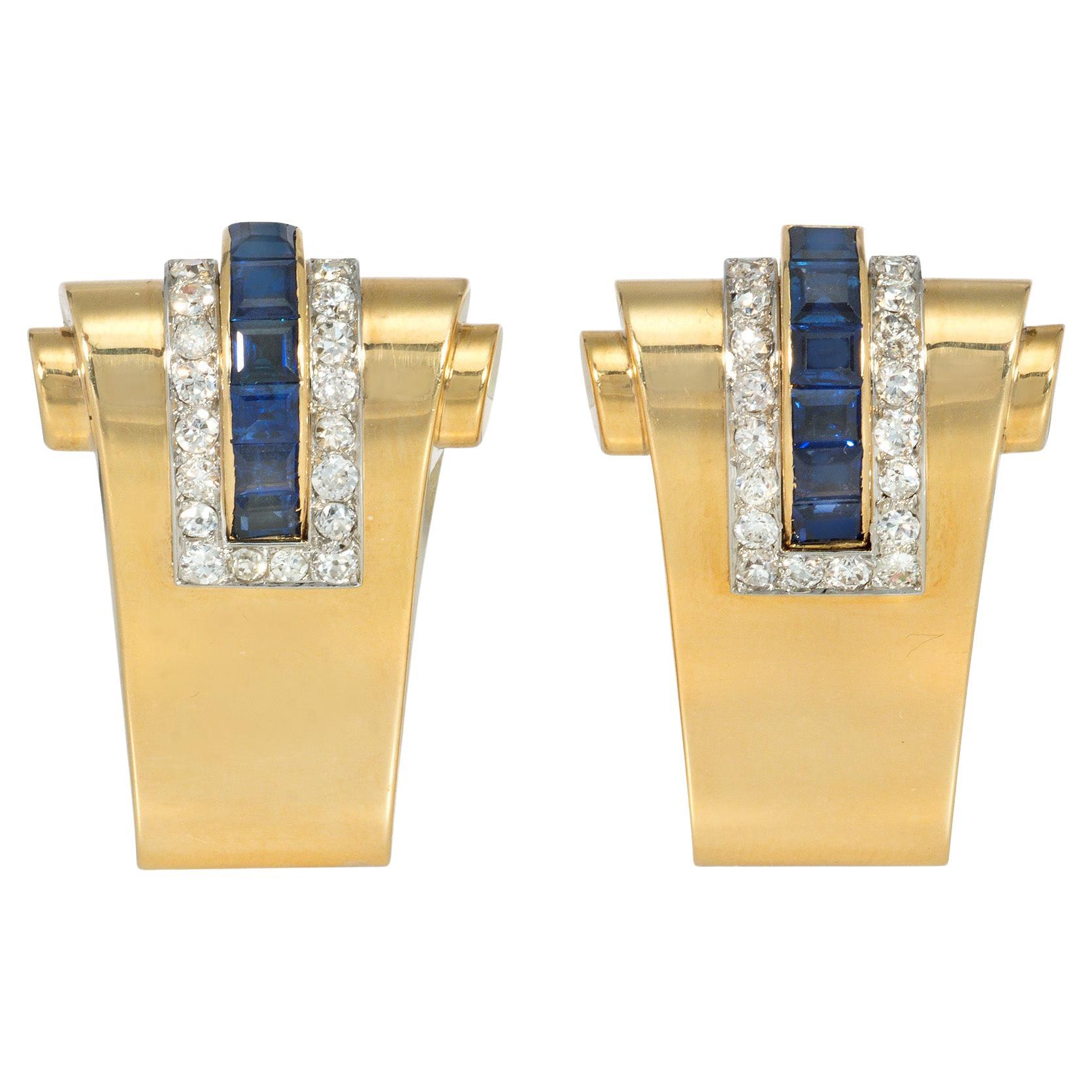 Boucheron Retro Gold, Sapphire, and Diamond Scroll Design Clip Brooches For Sale