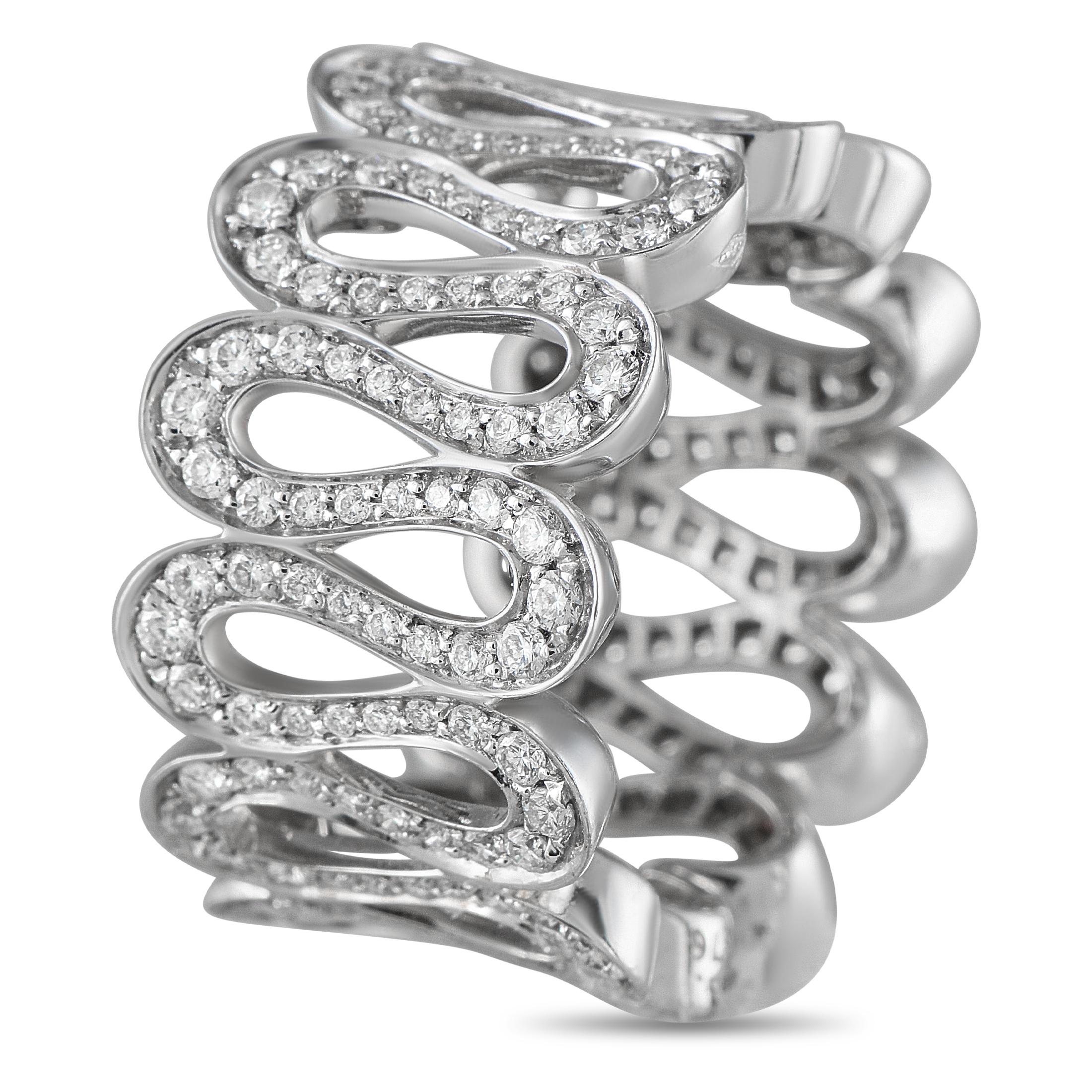 From Maison Boucheron, here is a white gold Richelieu ring featuring a wide, wavy band with undulating ribbons of brilliant-cut diamonds. This rare and radiant piece captivates with its luminous movement and sculptural sophistication.This Boucheron