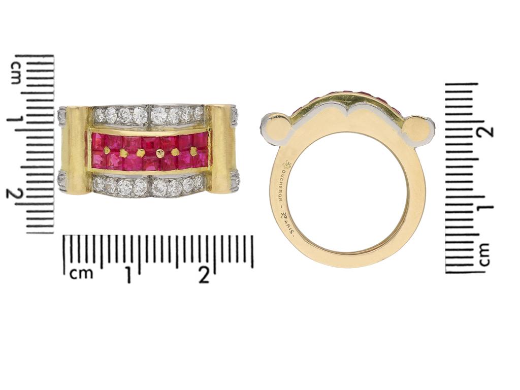 Square Cut Boucheron Ruby and Diamond Cocktail Ring, French, circa 1940 For Sale