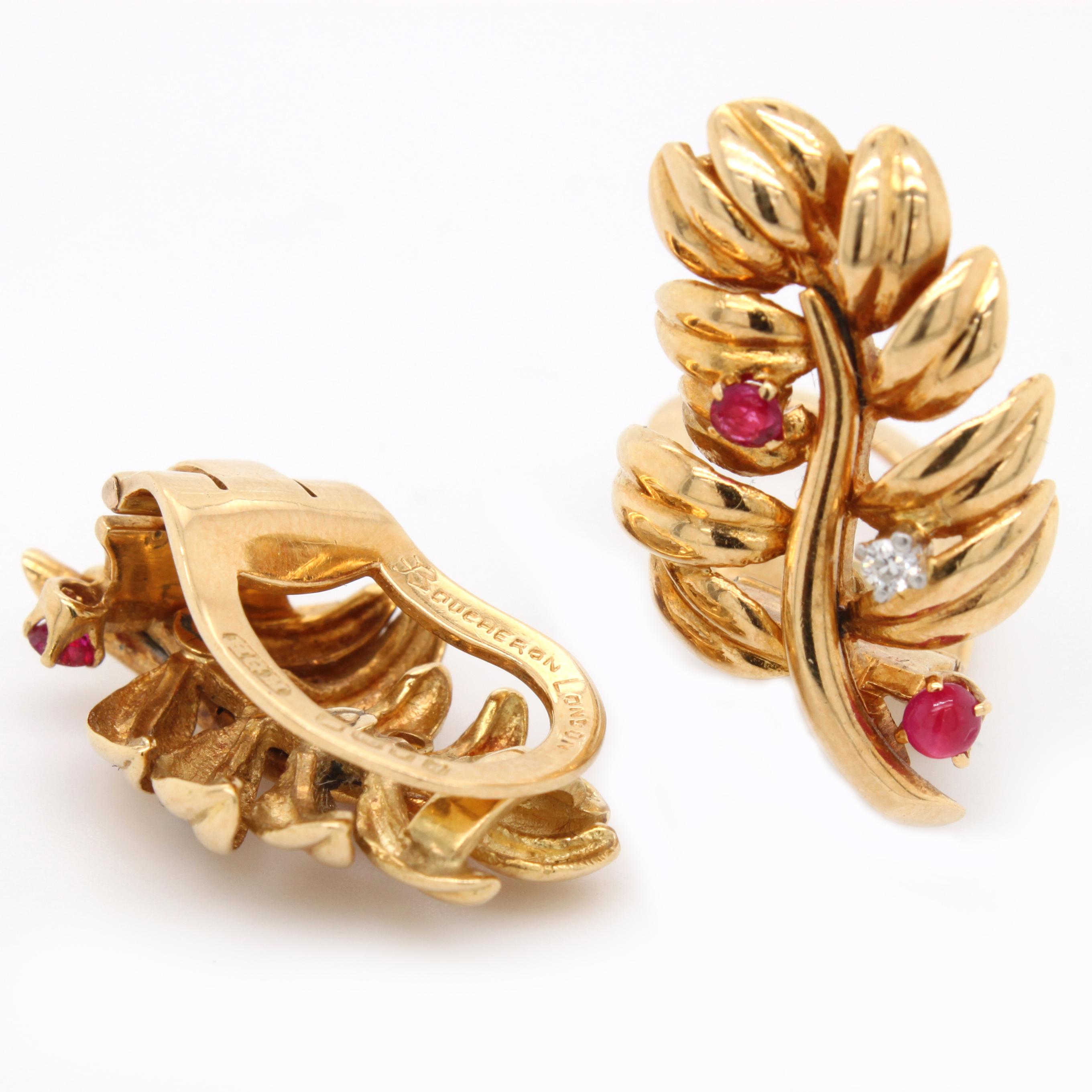 Gorgeous ruby and diamond leaf earrings made by the famous French jewellery house Boucheron and sold in London in 1960s. The earrings are very chic and comfortable to wear with its clip mechanism made in 18K yellow gold.
