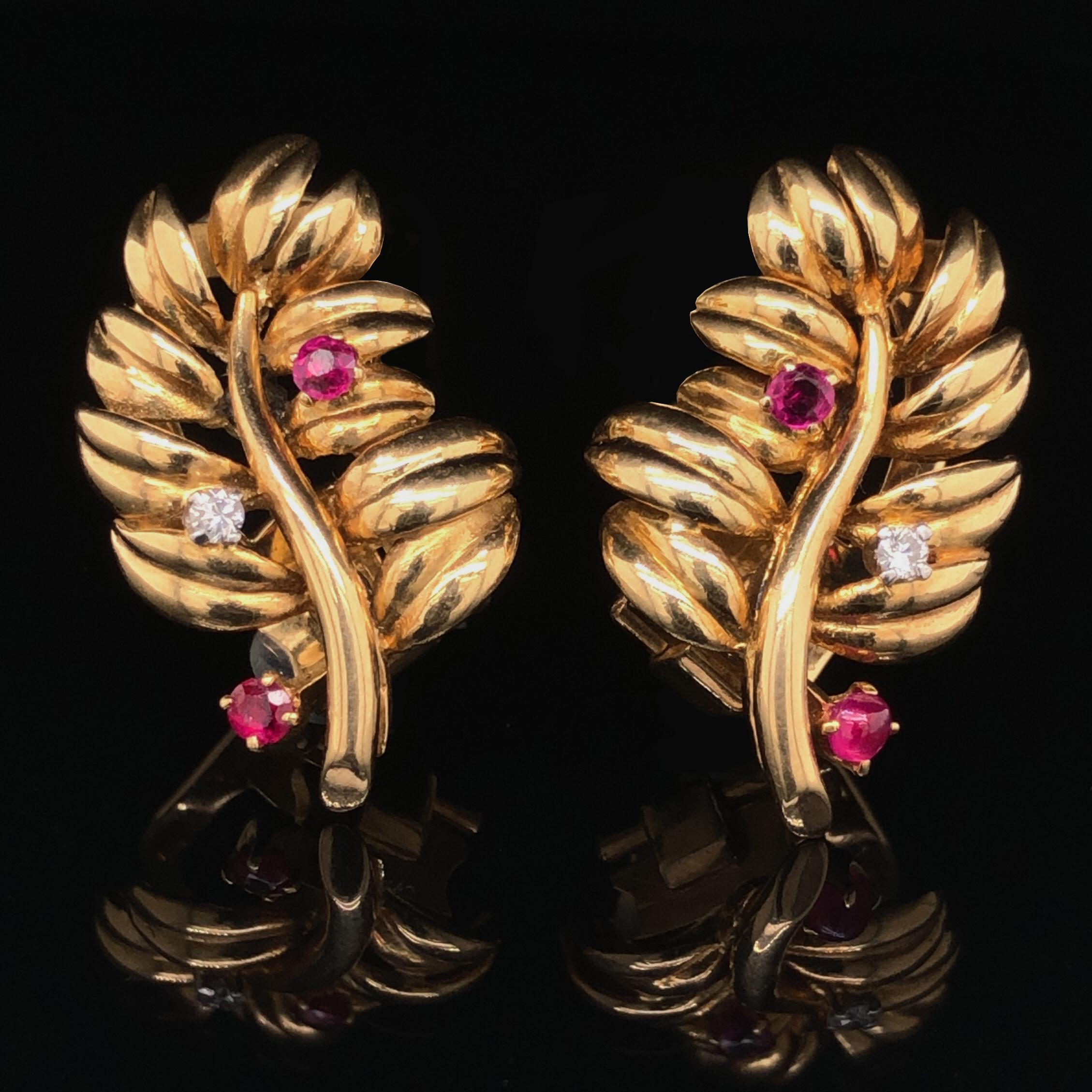 Round Cut Boucheron Ruby Diamond Leaf Earrings, 1960s
