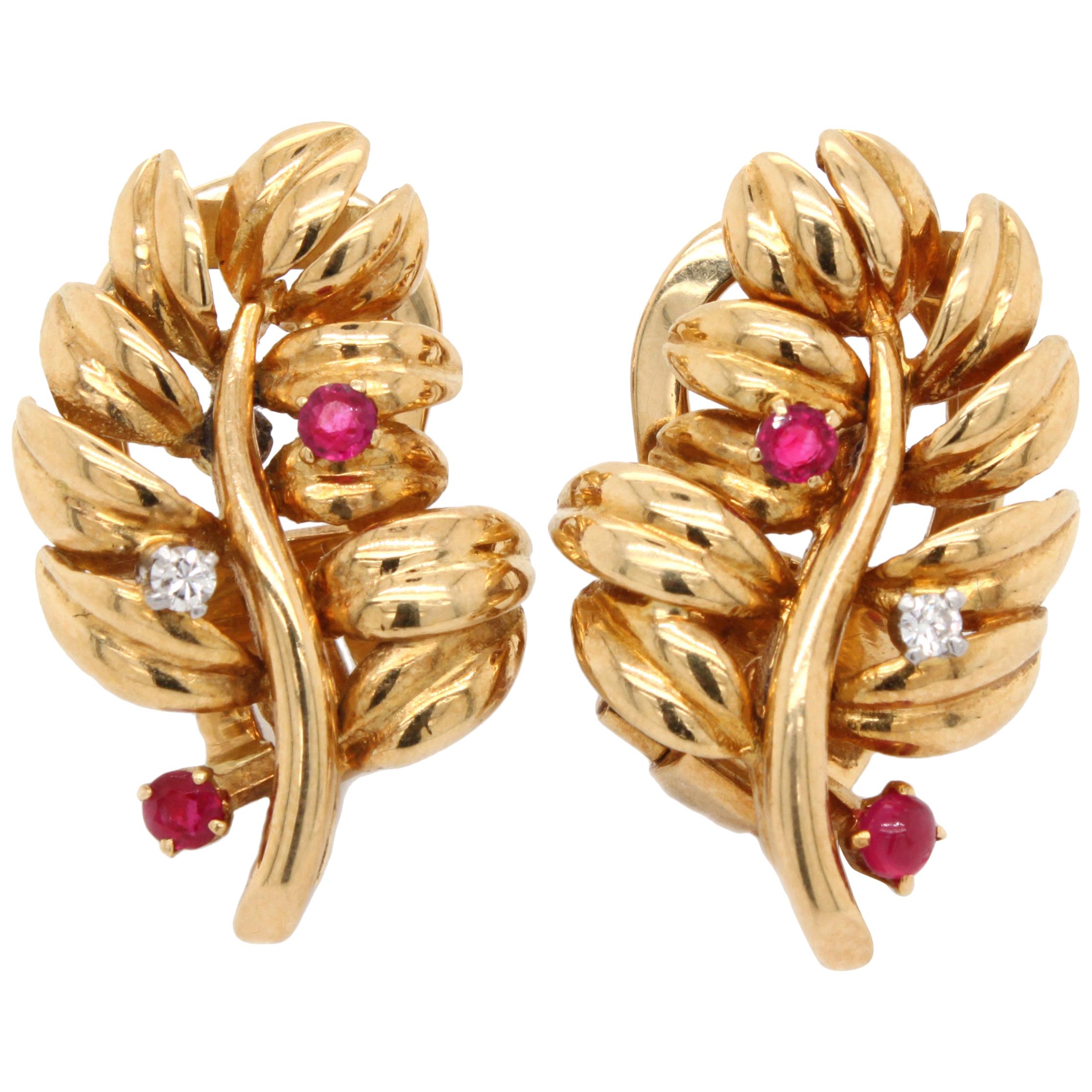 Boucheron Ruby Diamond Leaf Earrings, 1960s