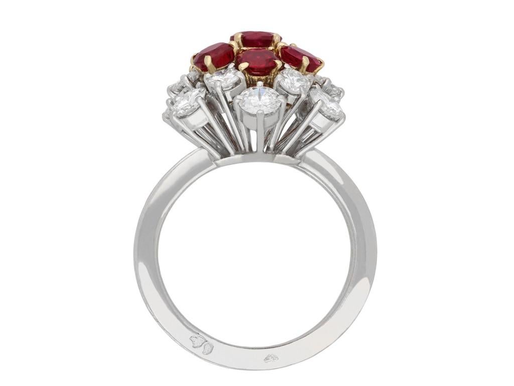 Round Cut Boucheron Ruby and Diamond Cluster Ring, French, circa 1970 For Sale