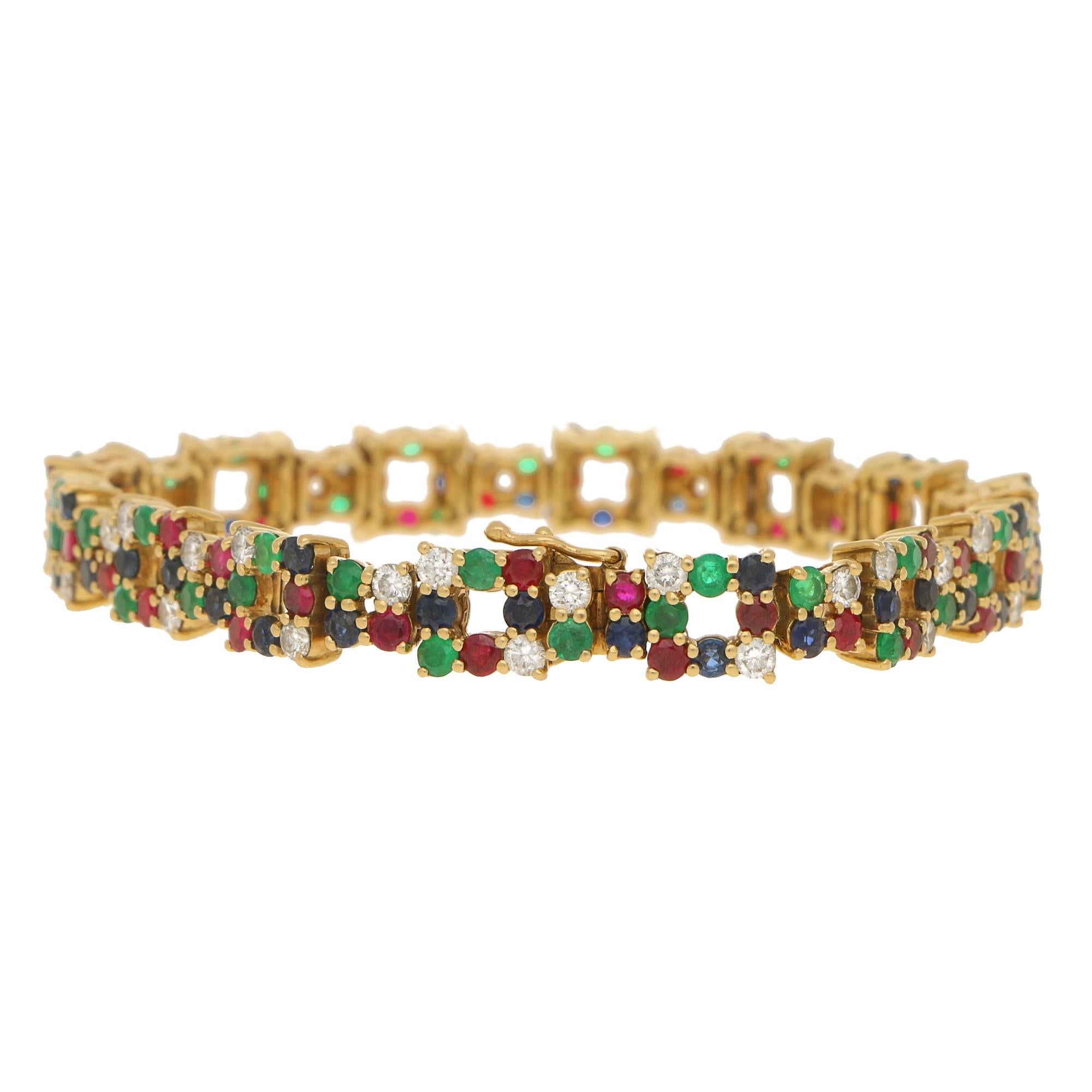 Modern Boucheron Ruby, Emerald, Sapphire and Diamond Bracelet Set in 18 Karat Gold