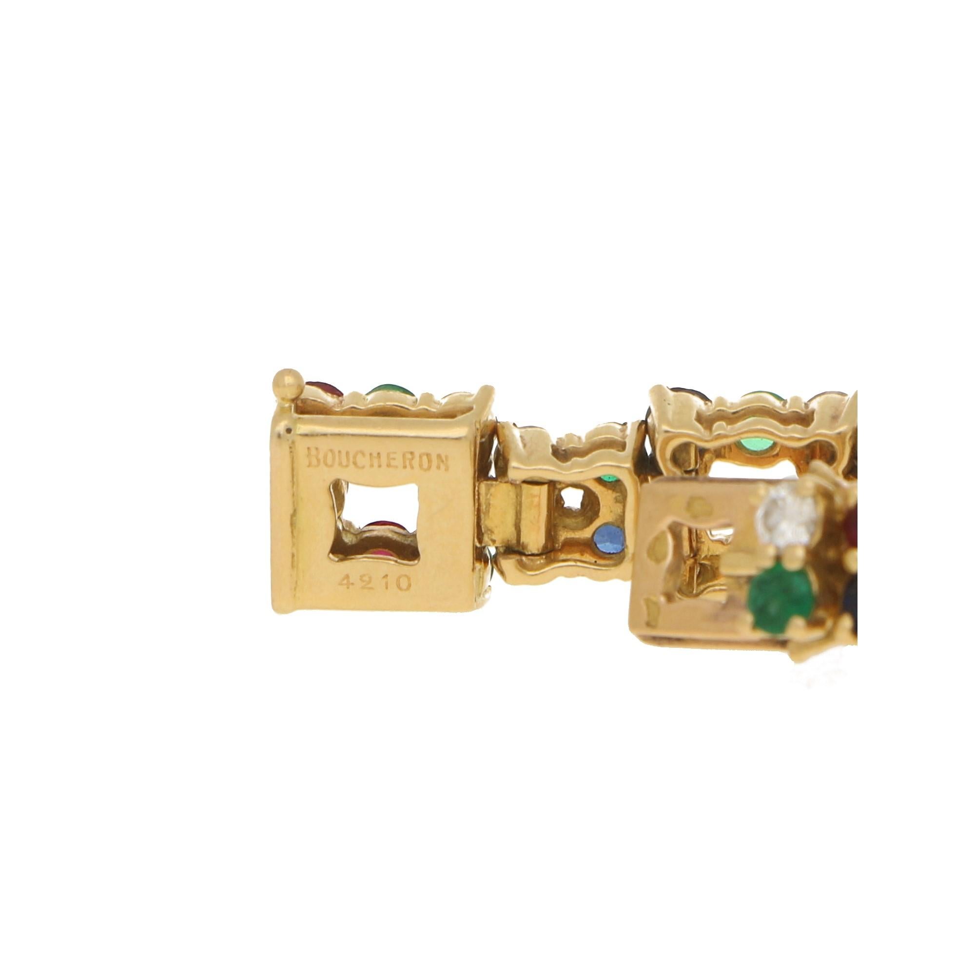 Round Cut Boucheron Ruby, Emerald, Sapphire and Diamond Bracelet Set in 18 Karat Gold
