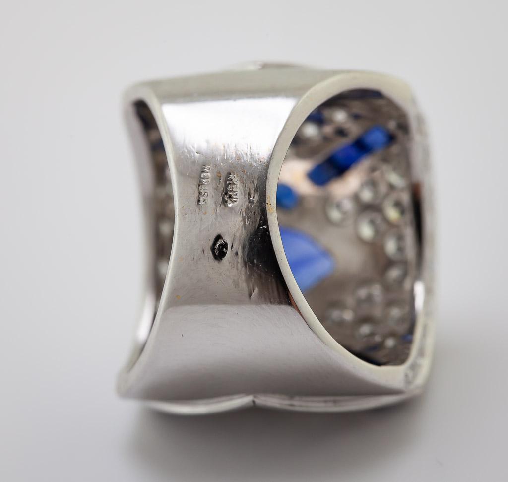 Mixed Cut Boucheron Sapphire, Diamond, 18k White Gold Ring For Sale