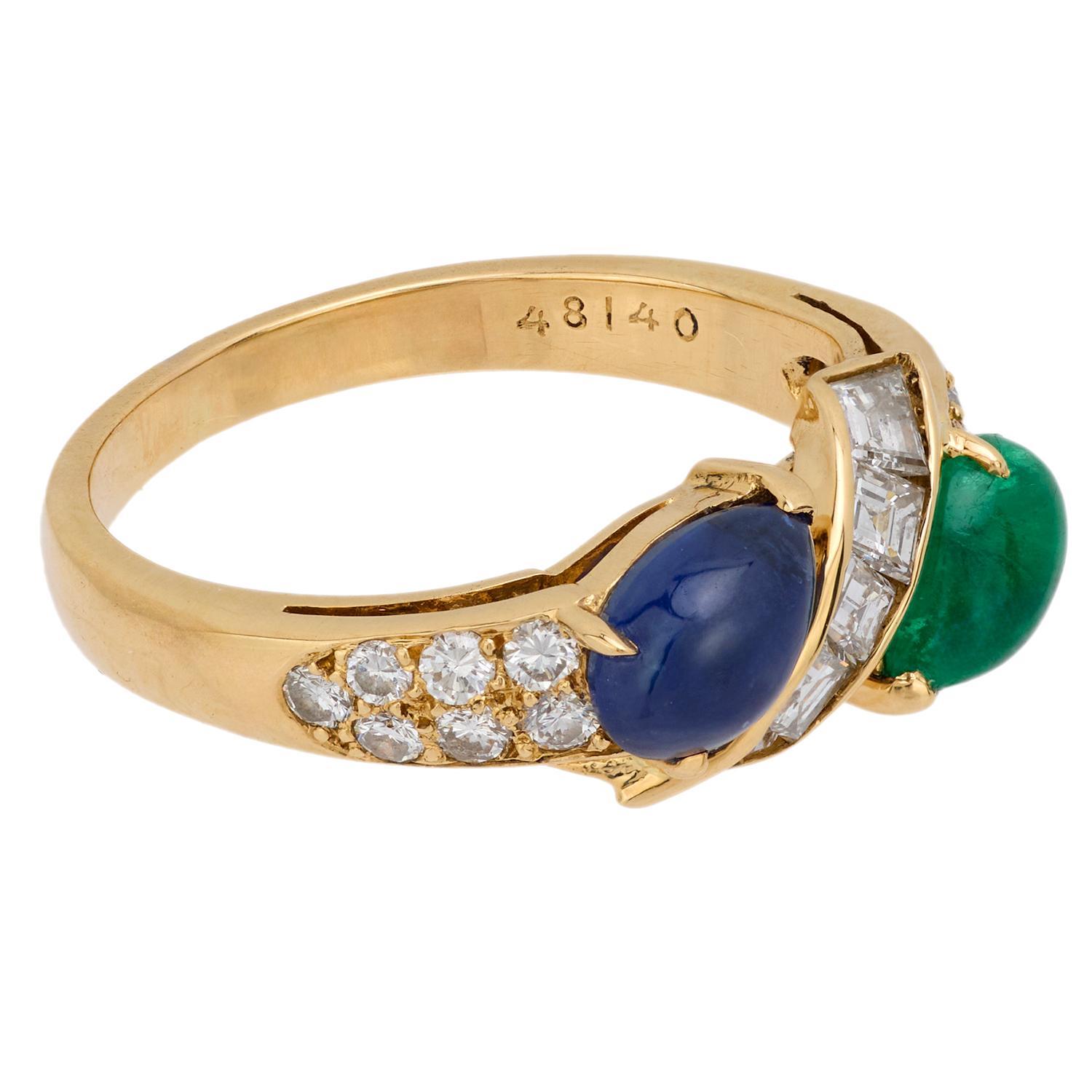 Anillo Boucheron zafiro esmeralda diamante oro amarillo 18k en Bueno estado para la venta en Beverly Hills, CA