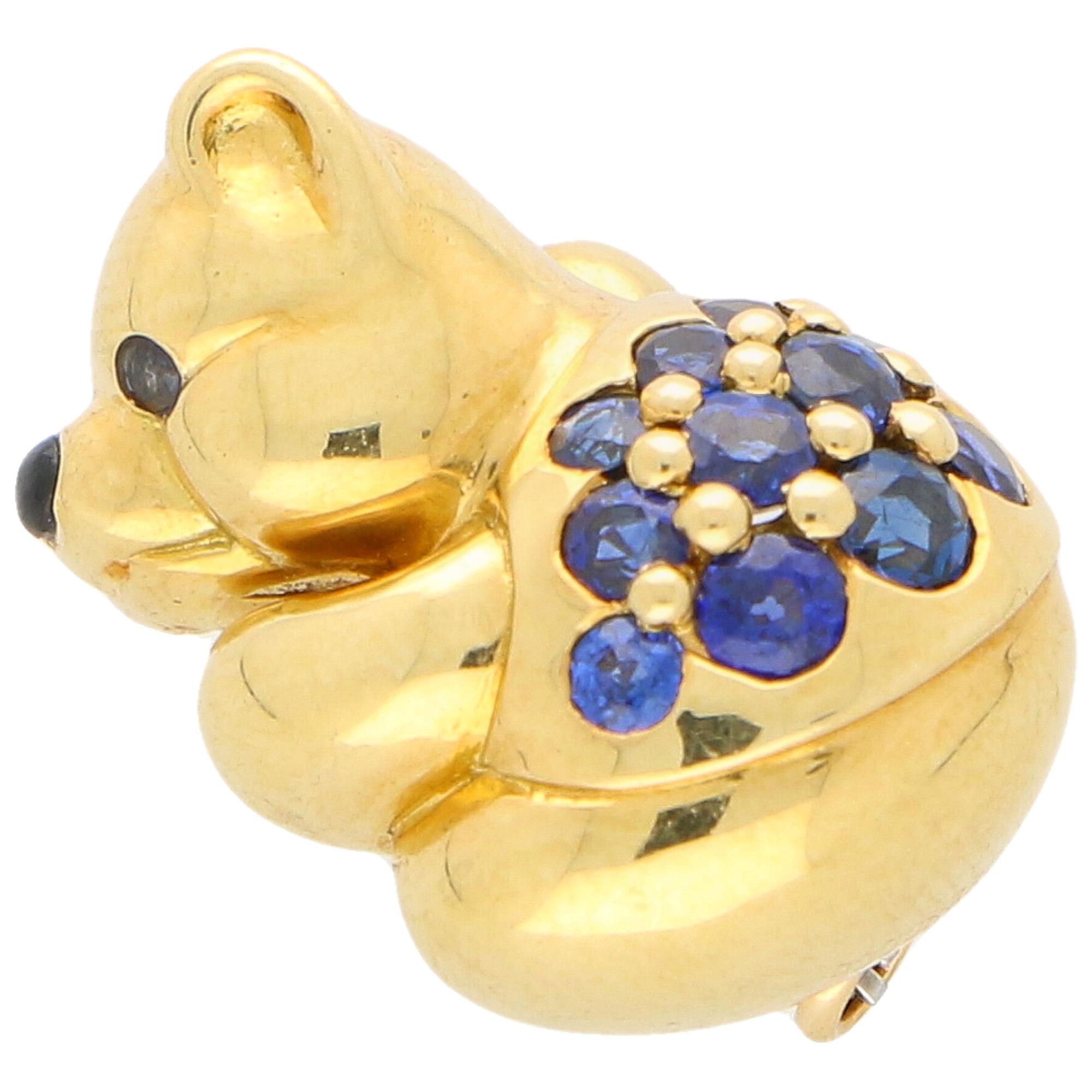Boucheron Sapphire Teddy Bear Pin / Brooch Set in 18 Karat Yellow Gold