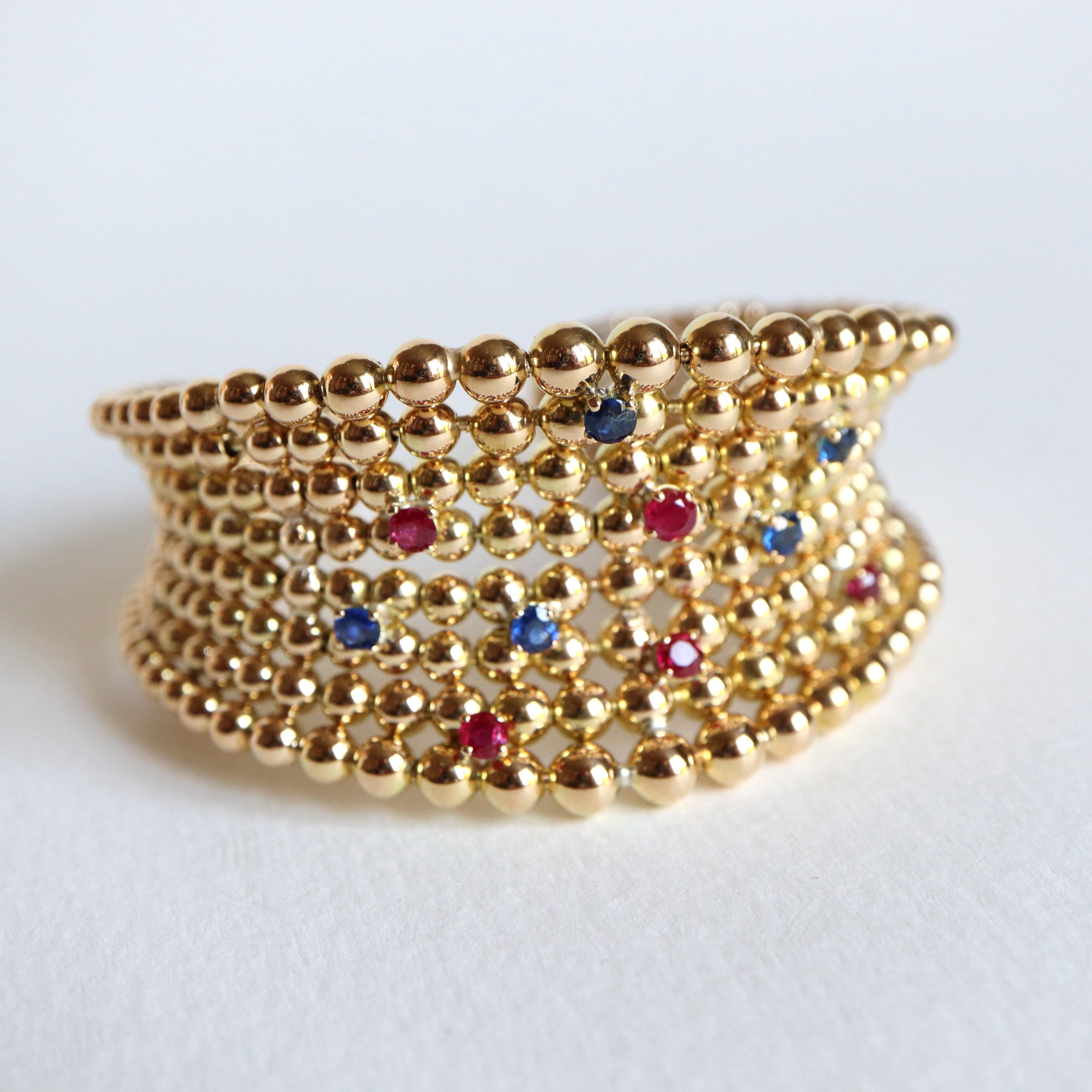 Boucheron Semi-Rigid Bracelet pearls in Yellow Gold 18 Carat Sapphires Rubies For Sale 2