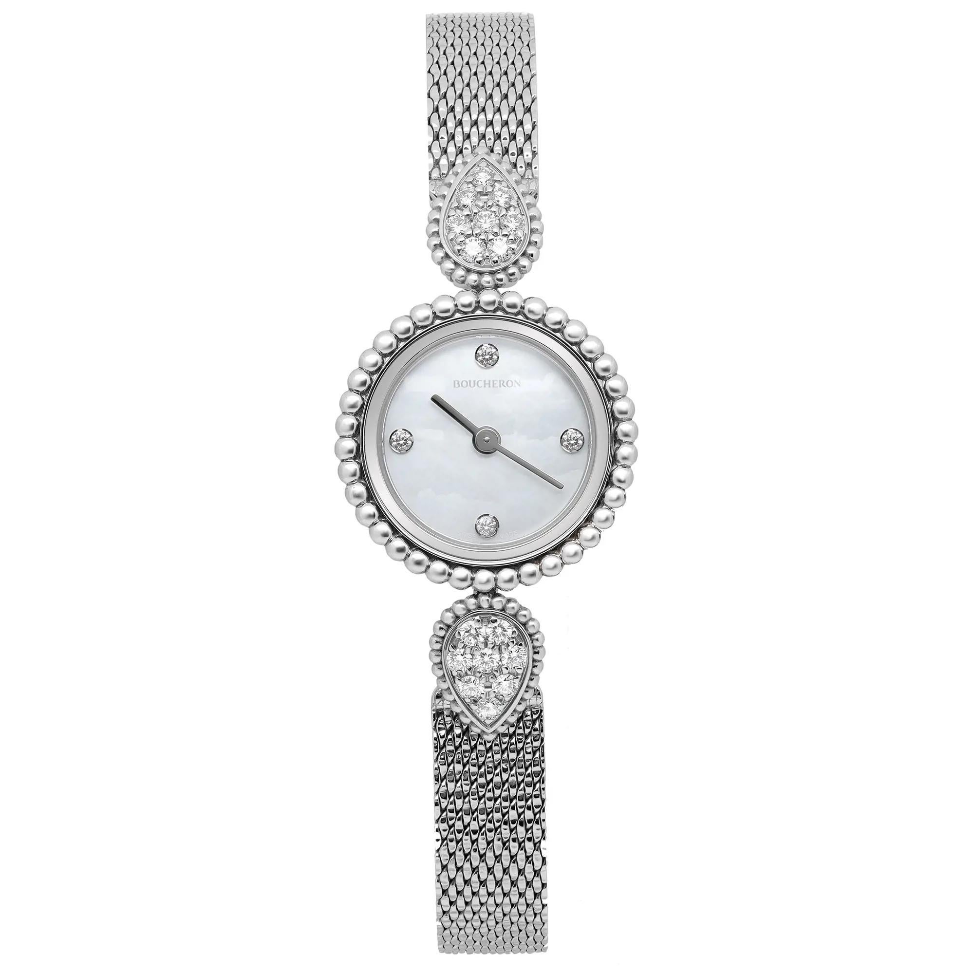 Preowned Boucheron Serpent Boheme 23mm Diamond White Dial Steel Ladies Quartz Watch. This Beautiful Timepiece is Powered by Quartz Movement and Features: Round Stainless Steel Case with Stainless Steel mesh stiff bracelet, Fixed Stainless Steel