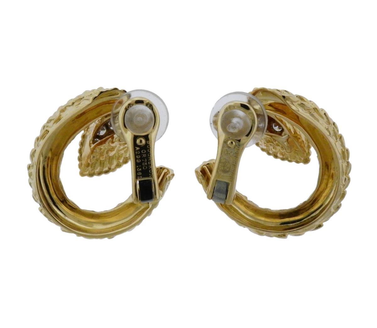 Pair of 18k yellow gold earrings, crafted by Boucheron for Serpent Boheme collection, adorned with approx. 0.50ctw in G/VS diamonds. Earrings are 24mm x 25mm, weigh 17.8 grams. Marked:  Boucheron, or750, serial number.